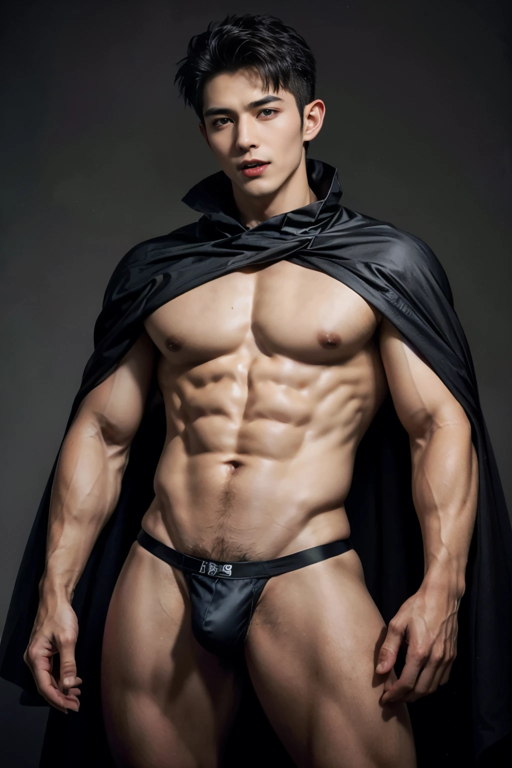 ((Masterpiece, Best quality, high resolution)) Handsome man with long vampire teeth, Red eyes, Pointy ears, Muscular，Vampire teeth fangs in his mouth, wearing only black micro thong with big bulge, Vampire cape