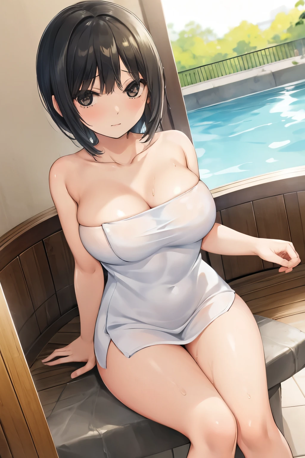 (masterpiece, highest quality, super detailed), (sumika), 1girl, (slim:1.7), short hair, black hair, (big breasts:1.6), raised, Wet , Sweat, beautiful face, (Big eyes:1.5), cute, fog, (naked towel:1.2),(white towel:1.2),(fluffy towel:1.2),(cleavage:1.2), (big breasts:1.2)