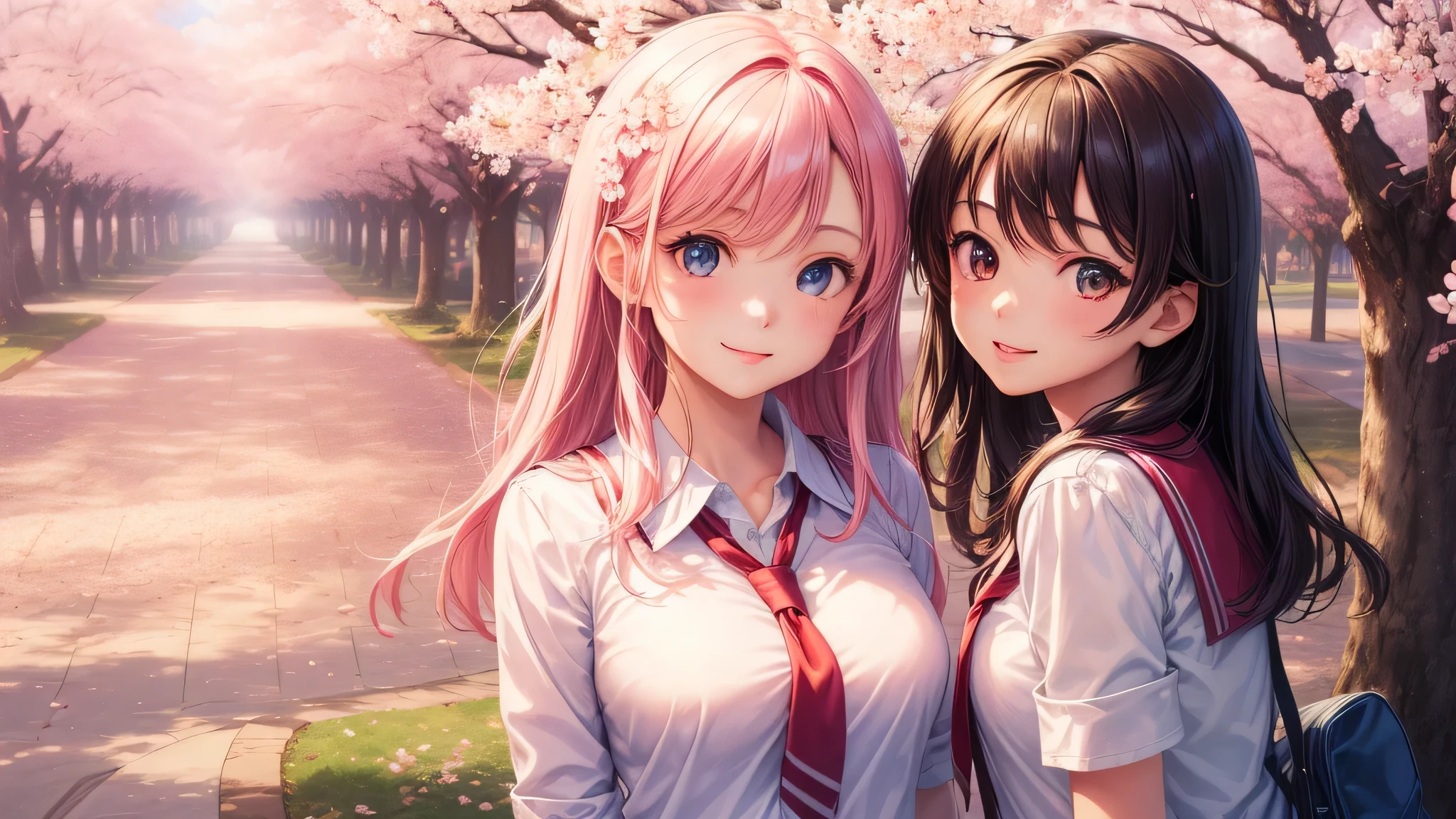 (2 girls:1.2), cute face, shining smile, straight hair, (school uniform, mini skirt:1.2), (highest quality: 1.4), (Super detailed), (highest quality:1.4), (super detailed), (cherry blossomsのトンネル in full bloom, cherry blossomsのトンネル), road, Day光, cherry blossoms, cherry blossoms, Sunny, cloud, Day, blue sky, (anime illustration), very high resolution, (Upper body), close up face
