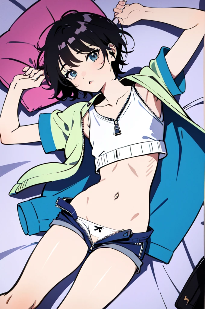 (masterpiece, highest quality), Bedroom, 1 girl, , , ,anatomically correct body, flat chest, (sweater), ((shorts with zipper removed)), (open fly), (kids panties), in a colorful Bedroom, lying on the bed, From above, morning, dazzling sunlight, white, bright colors, watercolor、short cut hair、a lot of sweat
