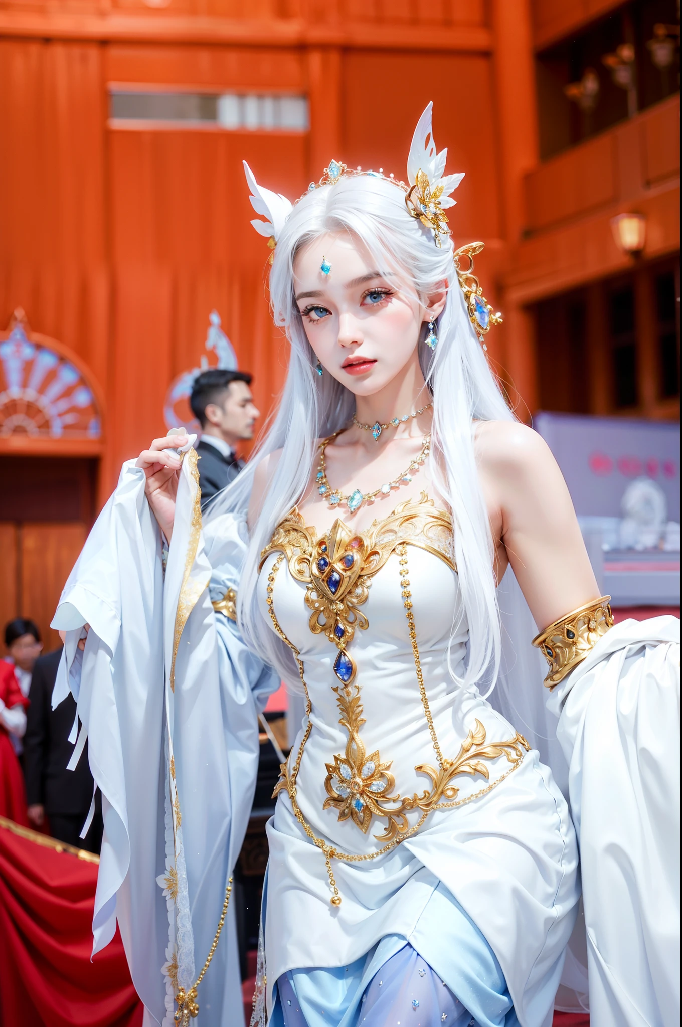 Royal sister，exquisite eyes，Detailed facial expressions body，tall figure，Leg length，4k，HD，translucent lace，Fair and plump figure，pretty face，Little cherry mouth，beautiful and delicious（3D royal sister），exquisite dress，Wear crystal jewelry，Gorgeous Sapphire Crystal Diamond Pearl Gown，No hands exposed