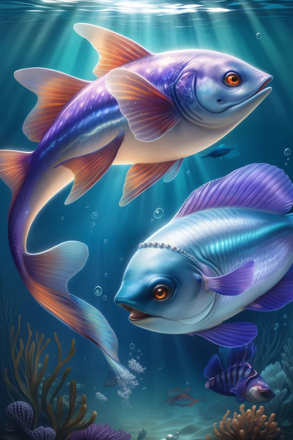 Create a realistic, masterpiece-quality image of a beautiful, fluffy fish with a light purple full body and long, fluffy hairs. Its large, orange eyes gleam brightly with a magical allure, surrounded by the shimmering waters of an underwater realm. Diamonds, pearls, and beads cascade from the fish's surroundings, catching the light and reflecting off silver chains that adorn the fluffy, purple fish shell. The water around the fish is alive with the gentle movement of its fluffy hair as it swims gracefully, creating a magical, enchanting scene. The fluffy, hairy fish is a true work of art and a magnificent, realistic creation.