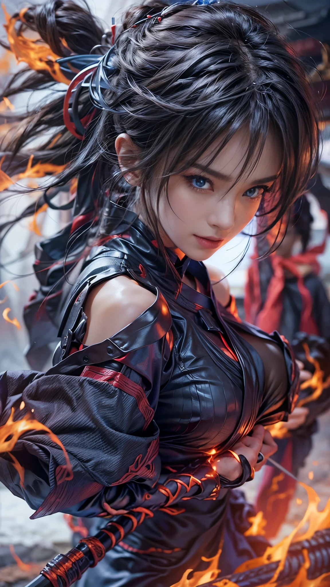 ((best quality)), ((masterpiece)), (detailed), perfect face, ((best quality)), ((masterpiece)), (detailed), perfect face, Big tits, asian girl, dragonball style, beatyful face, energie aura around a girl, goku, dragon ball, orange clothes, ((power)), angry, energie, super powered, full body, damaged clothes, stocking, ((fireball on a hand)), looking ahead ,((stocking)), ((orange mask)) volt energie around the girl