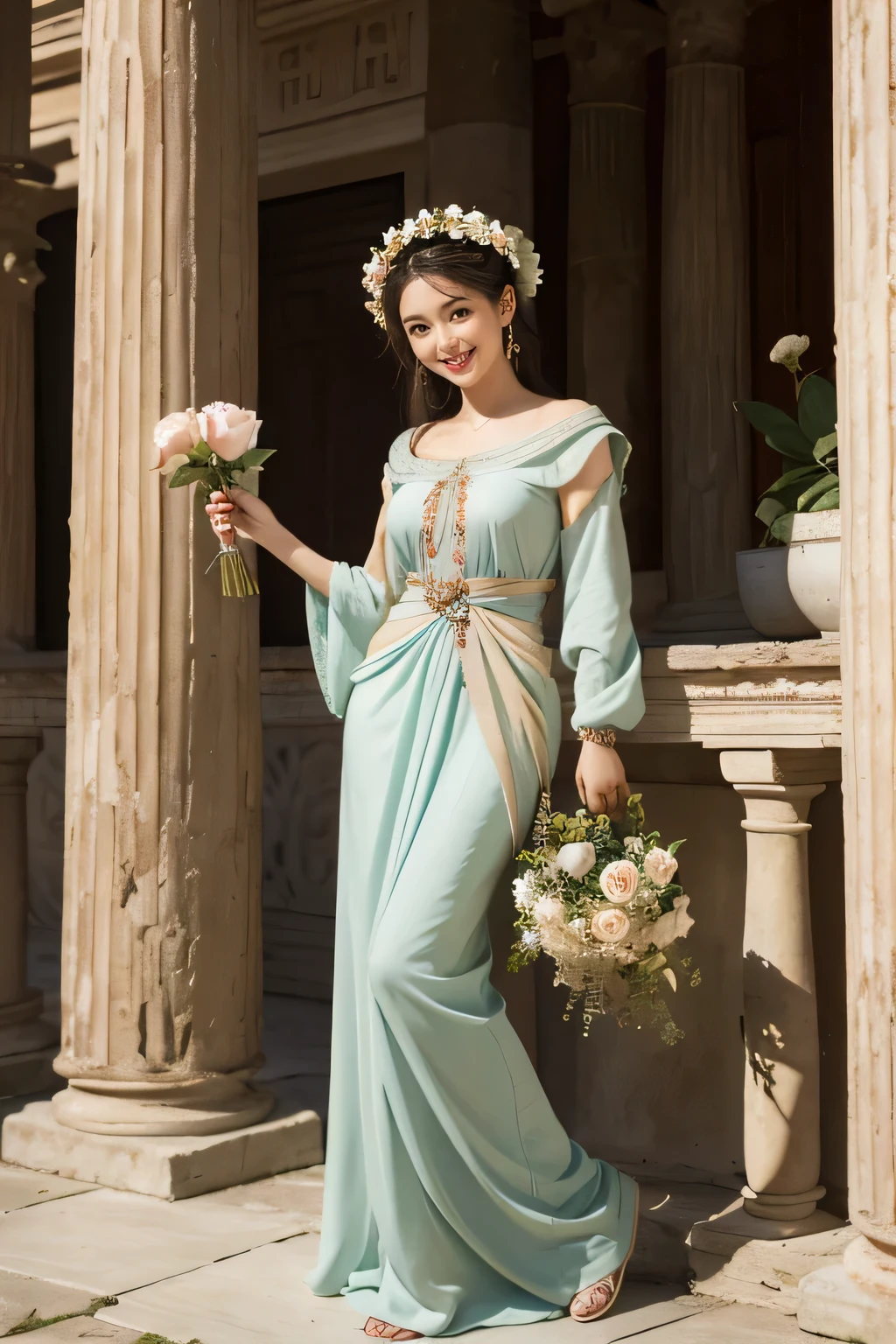 Raffaello Santi painting style,Arguments of two female 、roses in vase、fruits、Cute trinkets、smile、ancient greek costume、Woman standing on ancient Roman ruins ,A big smile
