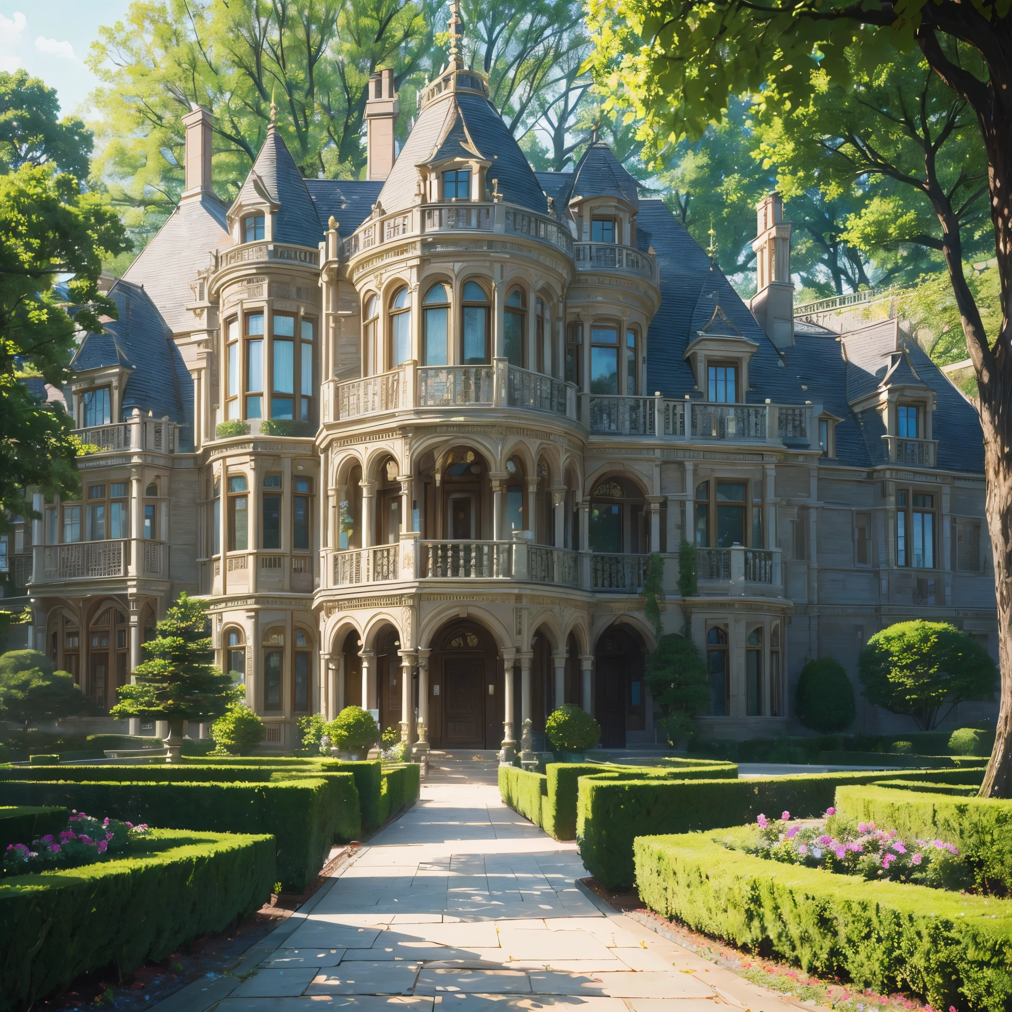 (best quality: 1.37, highres: 1.37, ultra-detailed: 1.37, realistic: 1.37), especially detailed and realistic, depicting a four-story English-style mansion, built with dark, luxurious materials. The mansion is surrounded by a vast, lush, and meticulously maintained garden. The mansion's architectural details are impressively elaborate: intricately carved windows, ornate woodwork, and a stately slate roof. The garden displays vibrant flower beds, neatly trimmed bushes, and a collection of majestic trees, each with its distinct characteristics. The path leading to the m