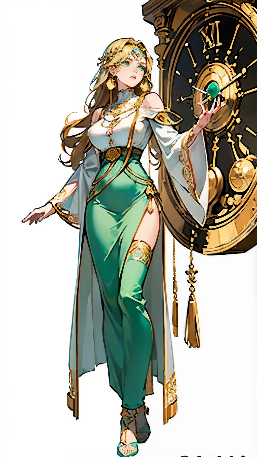 ((masterpiece,best quality,8k,highres)),((character concept art)), 1 female, adult female, Goddess of Time, 170 cm height, curly long hair, side hair bangs (blonde hair colour), ultra finely detailed eyes (green eyes colour), extraordinary gorgeous, charming, emotionless, no expression, (pointed earedium breasts, hourglass body shape ((muscular)), ((intricate detail)), super finely detailed hands, ultra finely detailed fingers(((ten fingers))), ancient greek peplos (white outfit colour), clock earrings, clock necklace, (standing still), (full body showcase), (show full body), (no logos on background), (no logo), ((plain background)), ((plain background)), (((empty background)))