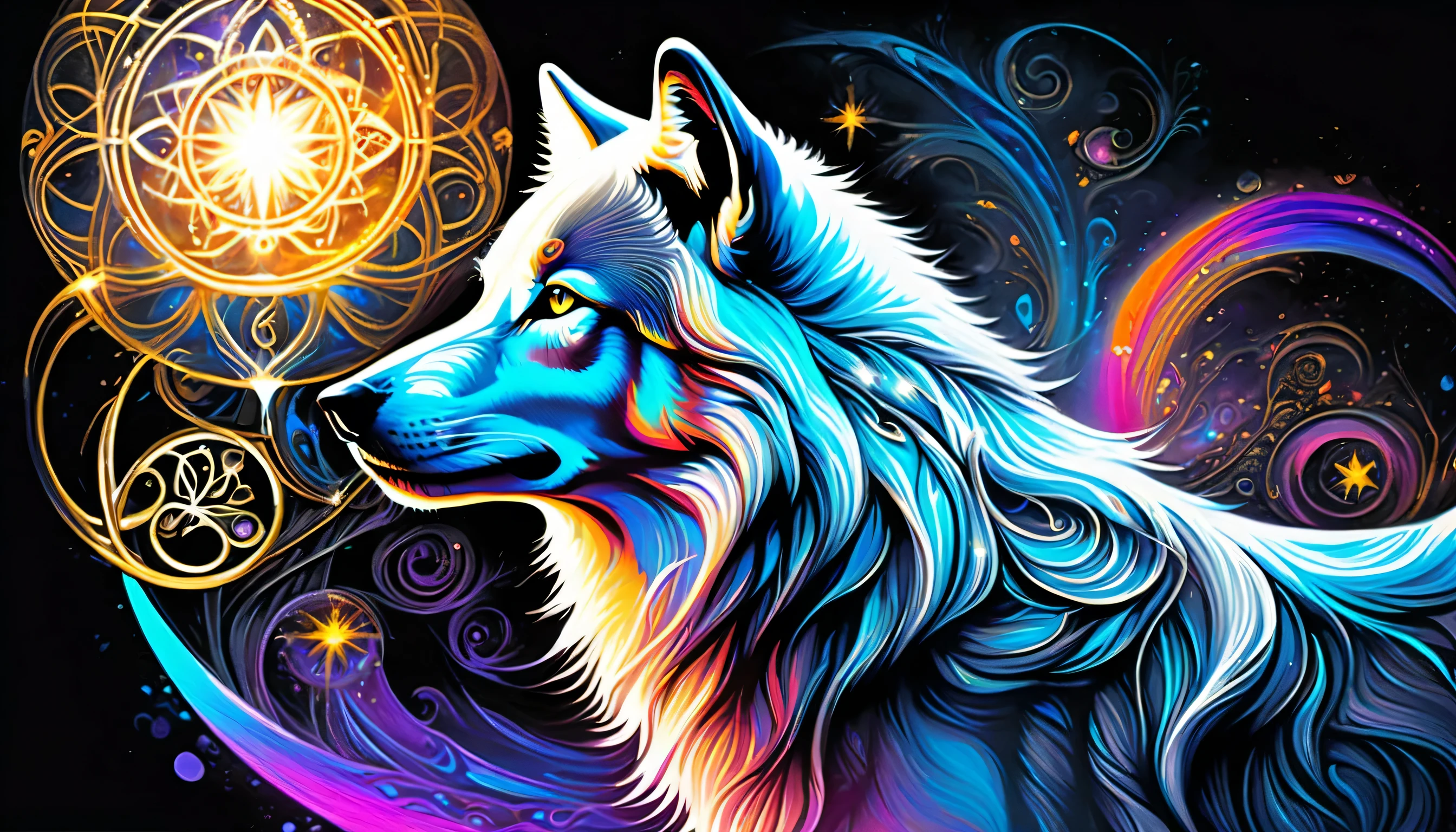 elaborate majestic aura gray-wolf with magic circle illustration, profile like oil-painting, extreme fine detail brush work, intricate detail psychedelic graffiti like, solo cat is seasoned and fearless, slender stunning fine detailed bold, falling star with neuron mist, highest quality, best quality, distinctly contrast, conscientious of draw and painting, beautiful detail glow, 16k, precision like draw, minuteness painting, wide shot, night fantasy style, captured, breathtaking glow skill and precision contrast, highly quality oil painting, stunning beautiful touch rendering,  dark fantasy accent, use eternal tone color palette, floating around eternal fantasy like smoke, violently brush work with mingle,