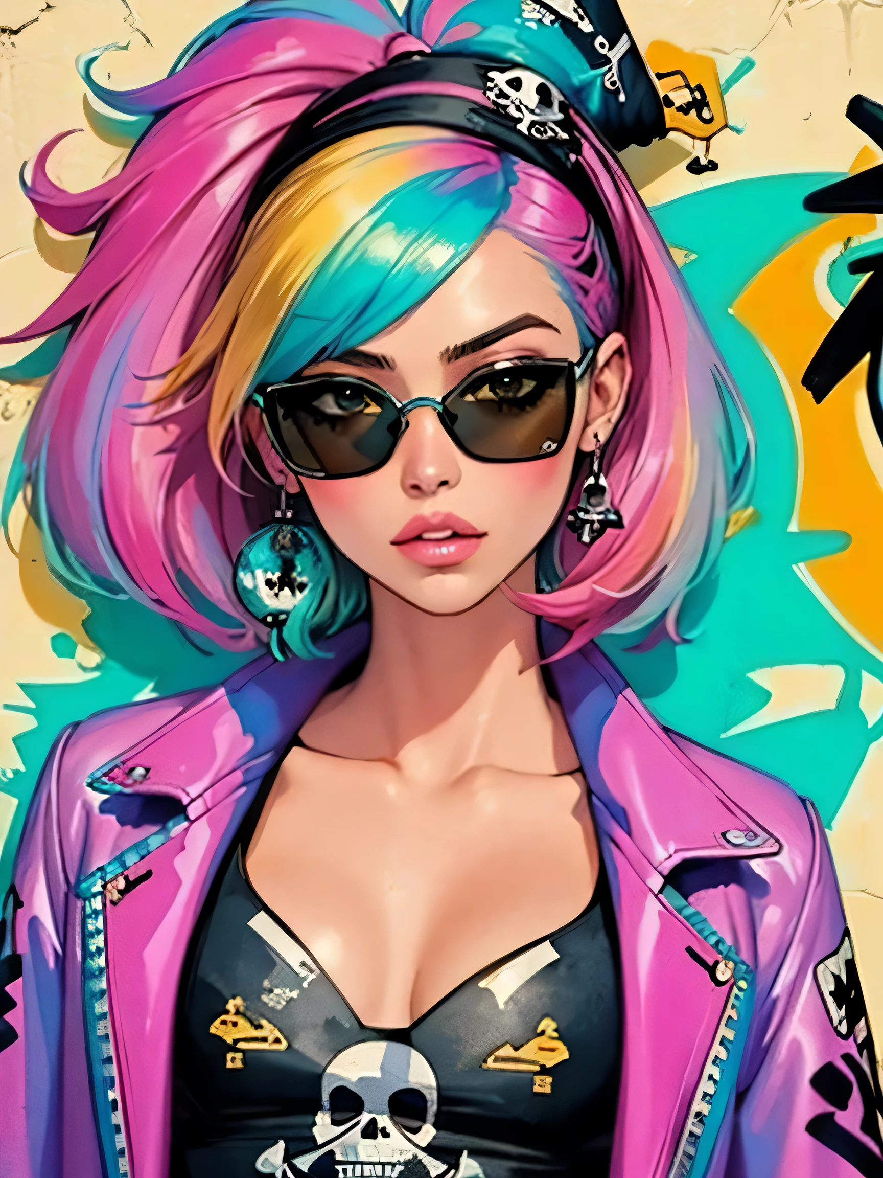 watercolor painting, 8K resolution、((highest quality))、((masterpiece))、((Super detailed))、(((most fashionable design)))、1 female、alone、incredibly absurd、 (((The most beautiful pirate girl of all time))), (((Stylish sunglasses))), lips in love, pirate bandana,neon、small breasts,、(((graffiti art))), colorful hair, provocative