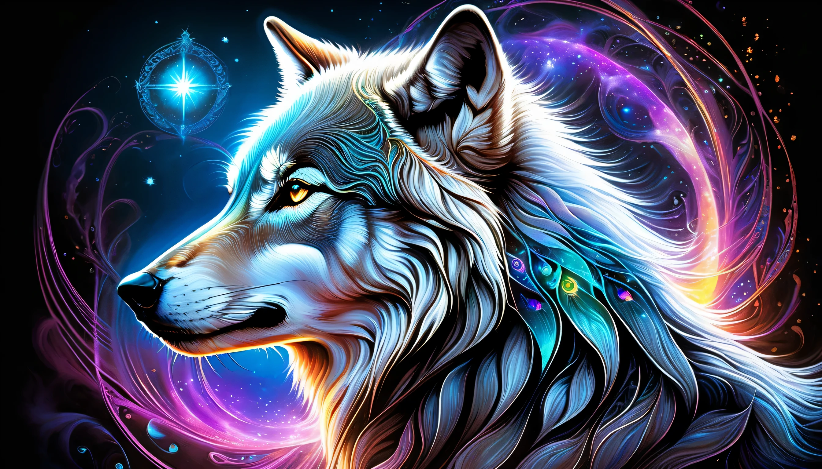 elaborate majestic aura gray-wolf with magic circle illustration, profile like oil-painting, extreme fine detail brush work, intricate detail psychedelic graffiti like, solo cat is seasoned and fearless, slender stunning fine detailed bold, falling star with neuron mist, highest quality, best quality, distinctly contrast, conscientious of draw and painting, beautiful detail glow, 16k, precision like draw, minuteness painting, wide shot, night fantasy style, captured, breathtaking glow skill and precision contrast, highly quality oil painting, stunning beautiful touch rendering,  dark fantasy accent, use eternal tone color palette, floating around eternal fantasy like smoke, violently brush work with mingle,