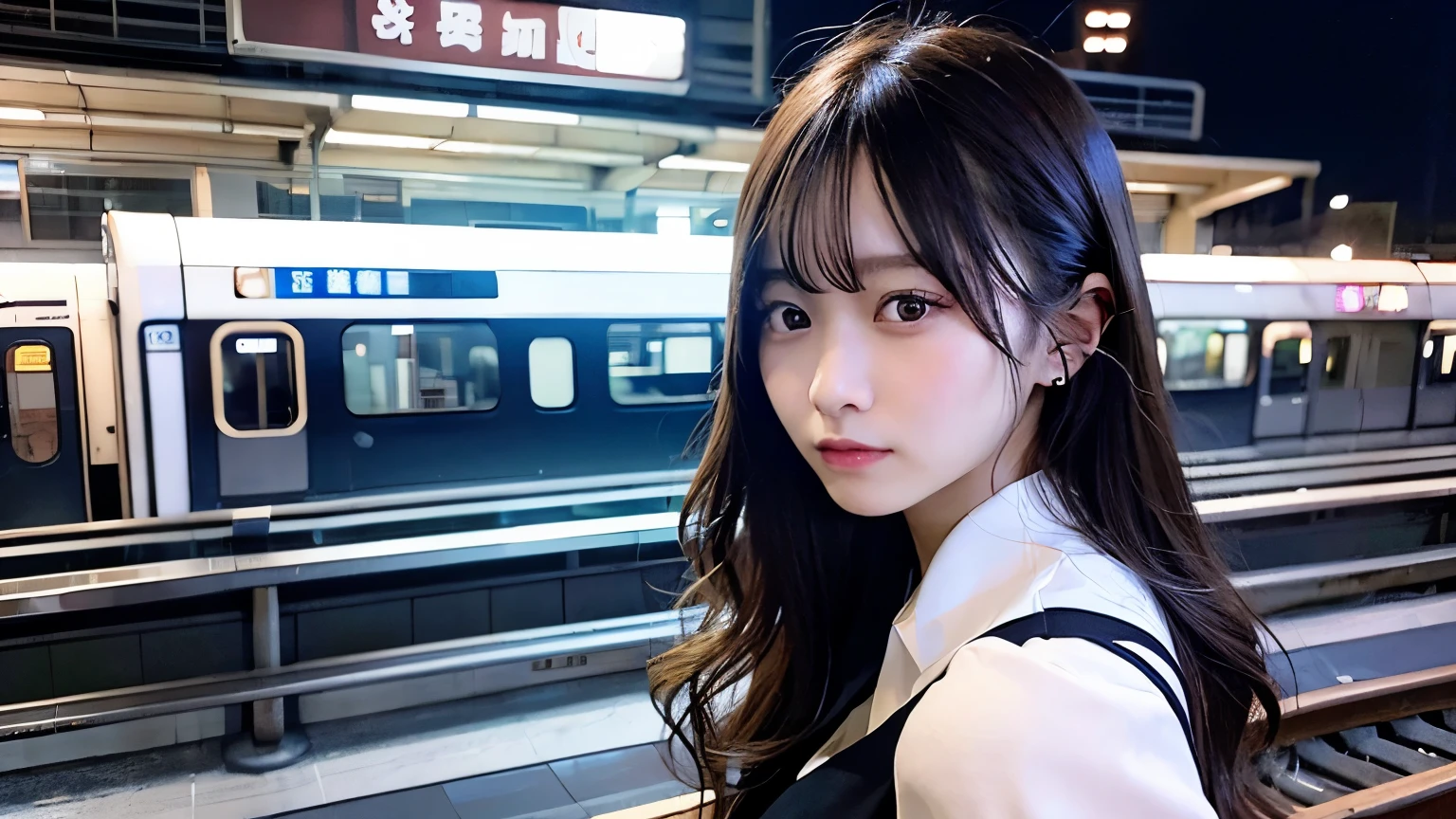 High definition high quality、realistic pictures、Photographed with a wide-angle lens、Eye level。modern、Night station platform、Crowded station platform、rush hour after work、young woman waiting for the train、black long hair、Depression、A lonely look、mini skirt、wearing high heels、I can see the whole body、city life、a chance reunion、Station scenery。