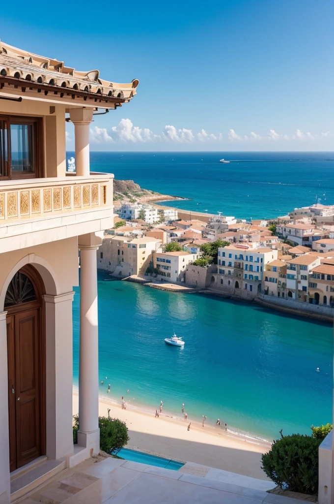 The Mediterranean cityscape stretches out against the background of the clear sea and blue sky that can be seen from the hill.。