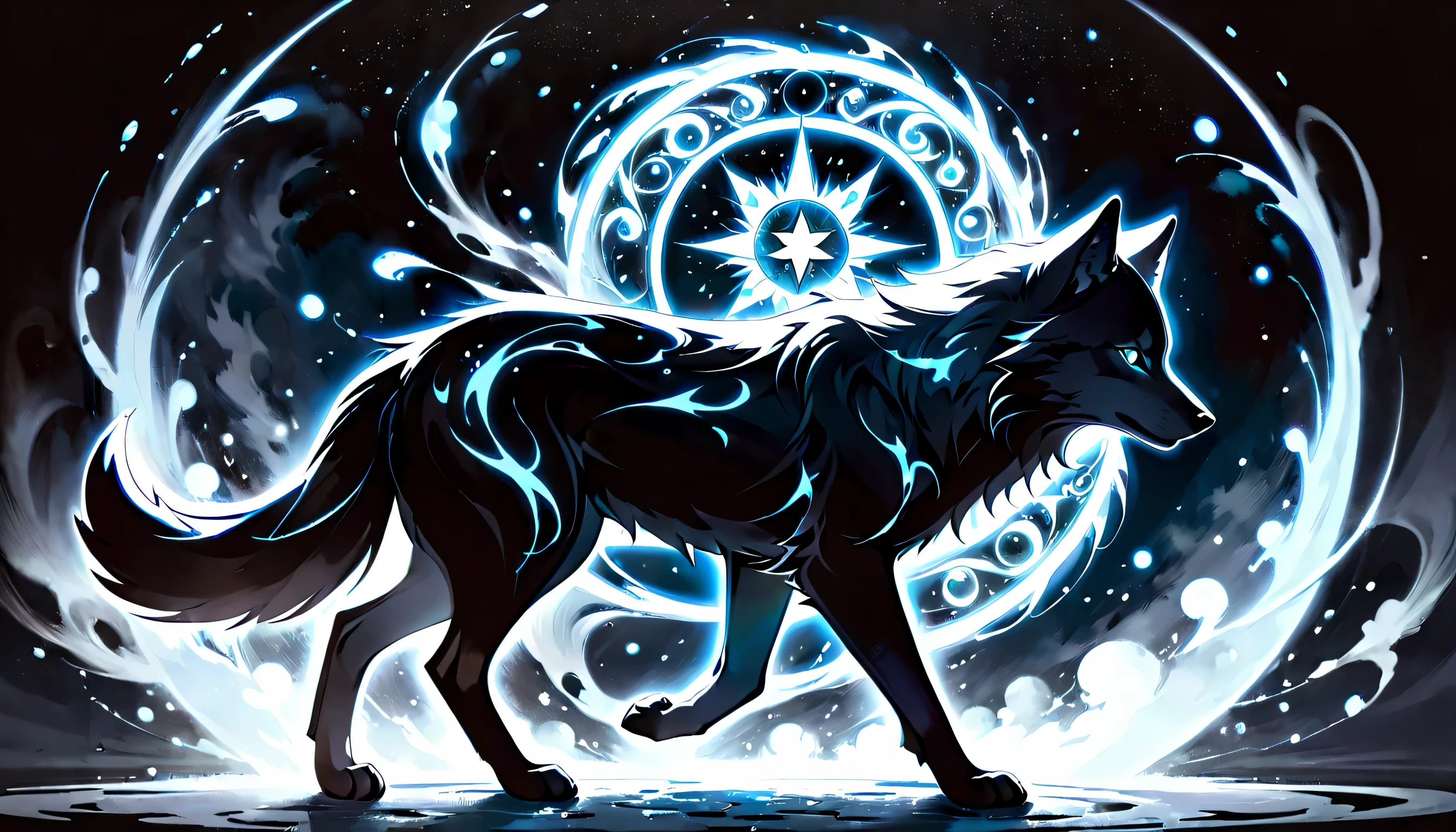 elaborate majestic aura gray-wolf with magic circle illustration, profile like oil-painting, extreme fine detail brush work, intricate detail psychedelic graffiti like, solo cat is seasoned and fearless, slender stunning fine detailed bold, falling star with neuron mist, highest quality, best quality, distinctly contrast, conscientious of draw and painting, beautiful detail glow, 16k, precision like draw, minuteness painting, wide shot, night fantasy style, captured, breathtaking glow skill and precision contrast, highly quality oil painting, stunning beautiful touch rendering,  dark fantasy accent, use eternal tone color palette, floating around eternal fantasy like smoke, violently brush work with mingle,