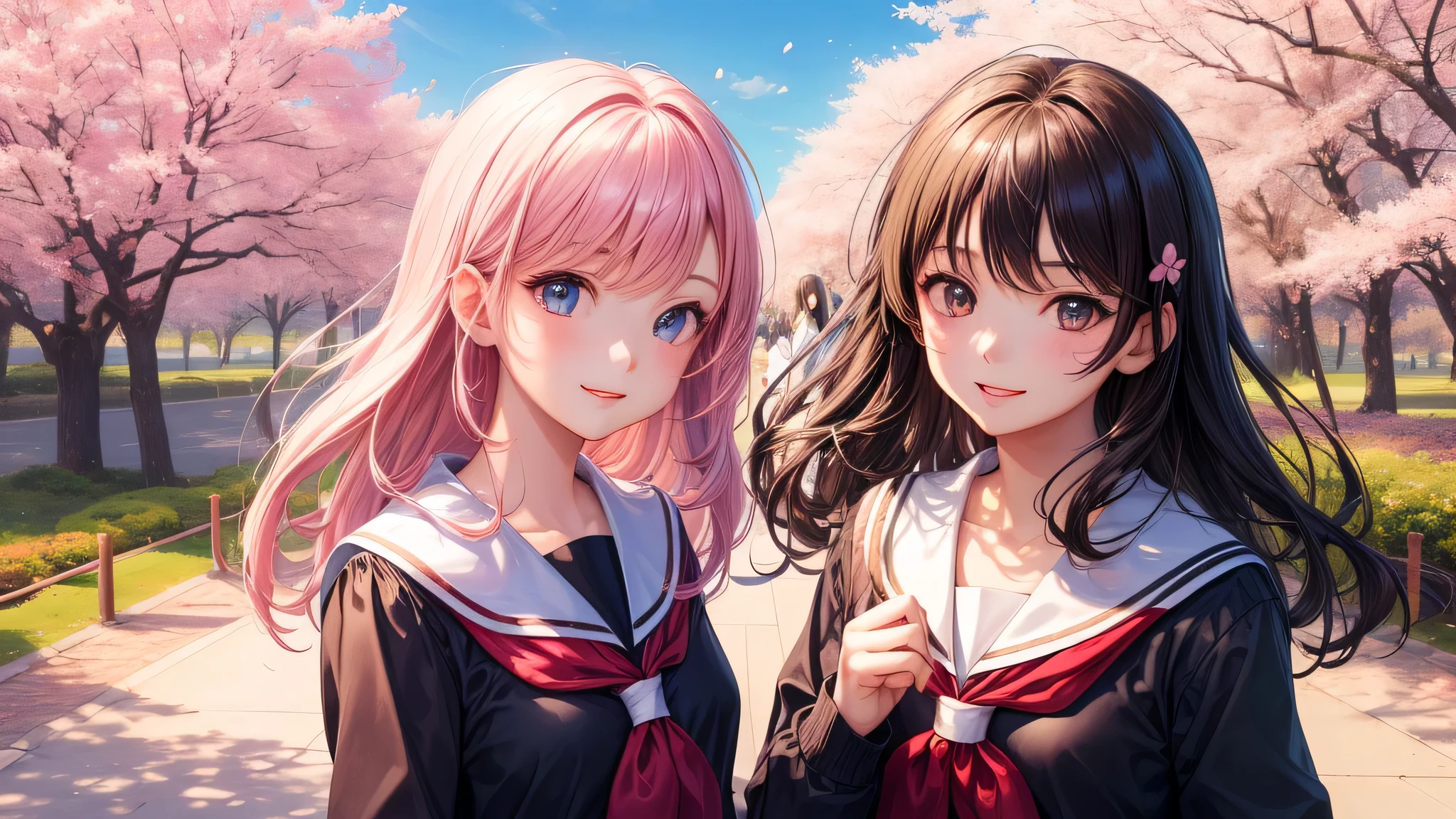 (2 girls:1.2), cute face, shining smile, straight hair, (school uniform, mini skirt:1.2), (highest quality: 1.4), (Super detailed), (highest quality:1.4), (super detailed), (cherry blossomsのトンネル in full bloom, cherry blossomsのトンネル), road, Day光, cherry blossoms, cherry blossoms,  Sunny, cloud, Day,  blue sky, (anime illustration), very high resolution, (Upper body), close up face