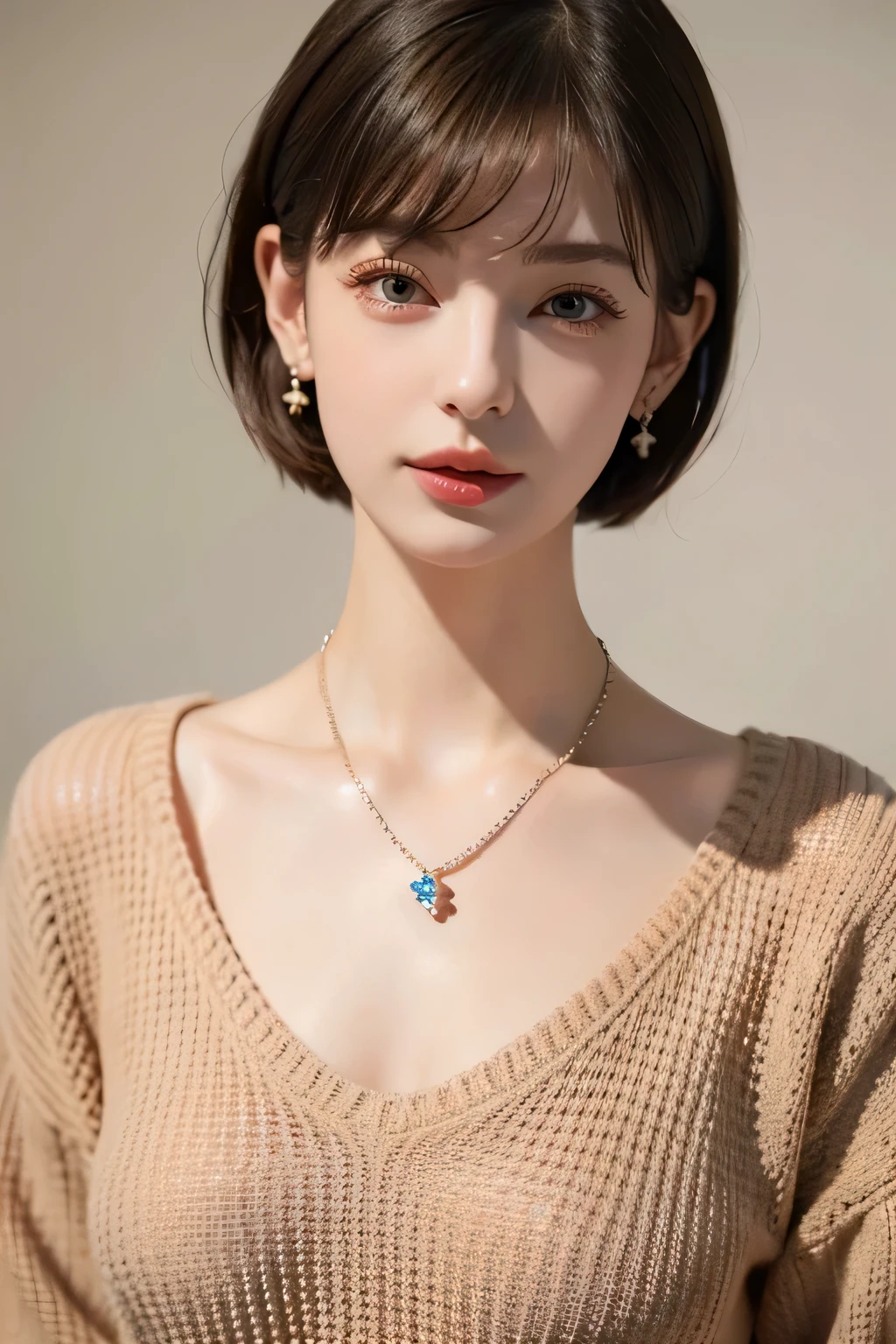 Close-up photo of a girl、short hair、black hair、highest quality、realistic、Photoreal、(intricate details:1.2)、(delicate details)、clear line、sharp focus、Bordeaux-colored eyes、lifelike face、Detailed facial uniform 8k wallpaper、超A high resolution、(Photoreal:1.4)、Upper body、from the chest up、white high neck sweater、simple necklace、simple earrings、looking at the viewer、facing forward、