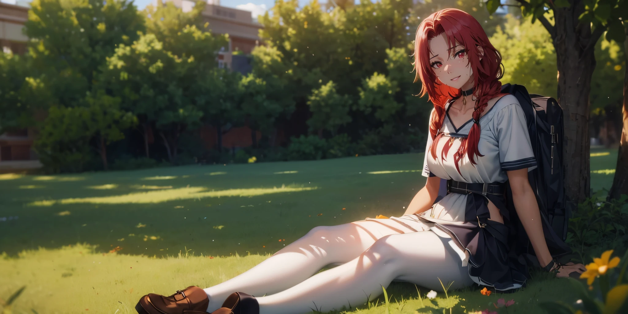 red hair, long hair, braid, red eyes, huge breasts, anatomically correct, sweating, choker, 1girl, sitting, dress, white_dress, solo, outdoors, grass, tree, white_legwear, breasts, shoes, short_sleeves, looking_at_viewer, loafers, day, brown_footwear, on_grass, pantyhose, collarbone, nature, medium_breasts, full_body, glow effects, godrays, Hand drawn, render, 8k, octane render, cinema 4d, blender, dark, atmospheric 4k ultra detailed, cinematic, Sharp focus, big depth of field, Masterpiece, colors, 3d octane render, 4k, concept art, trending on artstation, hyperrealistic, Vivid colors, extremely detailed CG unity 8k wallpaper, trending on CGSociety, Intricate, High Detail, dramatic"", hollow eyes, facing viewer, seductive smile, lips, red eyes, sweating, wet, looking at viewer,