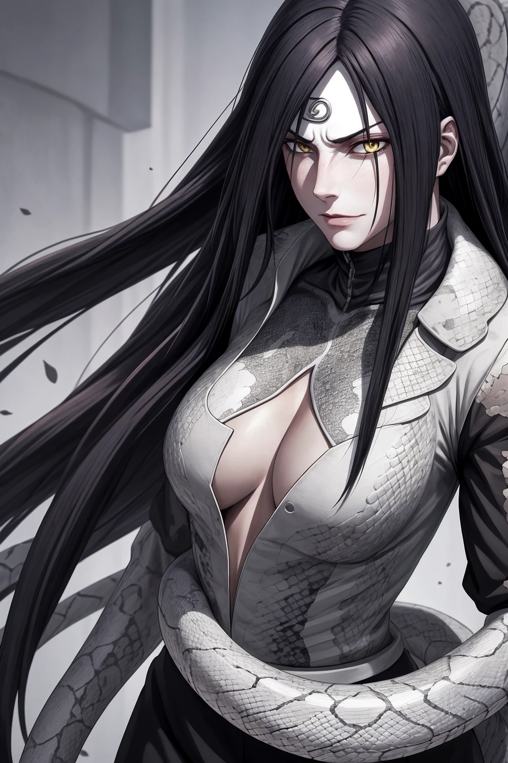 {-erro_de_anatomia:1.0} estilo anime, Masterpiece, absurdities, Orochimaru\(Naruto\), 1girl Solo, Mature woman, Oversized shirt with broad shoulders, Perfect composition, Detailed lips, large breasts, Beautiful face, body proportion, Blush, Long black hair, ( black hair), yellow eyes, Soft gauze, Super realistic, Detailed, photo shoot, Realistic faces and bodies, masterpiece, best quality, best ( white snake) illustration, hyper detailed, 1 girl, solo, glamorous, blushing, upper body, backwards, looking back