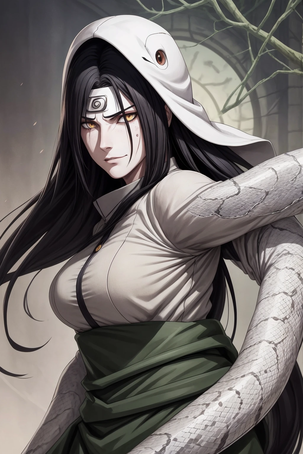 {-erro_de_anatomia:1.0} estilo anime, Masterpiece, absurdities, Orochimaru\(Naruto\), 1girl Solo, Mature woman, Oversized shirt with broad shoulders, Perfect composition, Detailed lips, large breasts, Beautiful face, body proportion, Blush, Long black hair, ( black hair), yellow eyes, Soft gauze, Super realistic, Detailed, photo shoot, Realistic faces and bodies, masterpiece, best quality, best ( white snake) illustration, hyper detailed, 1 girl, solo, glamorous, blushing, upper body, backwards, looking back