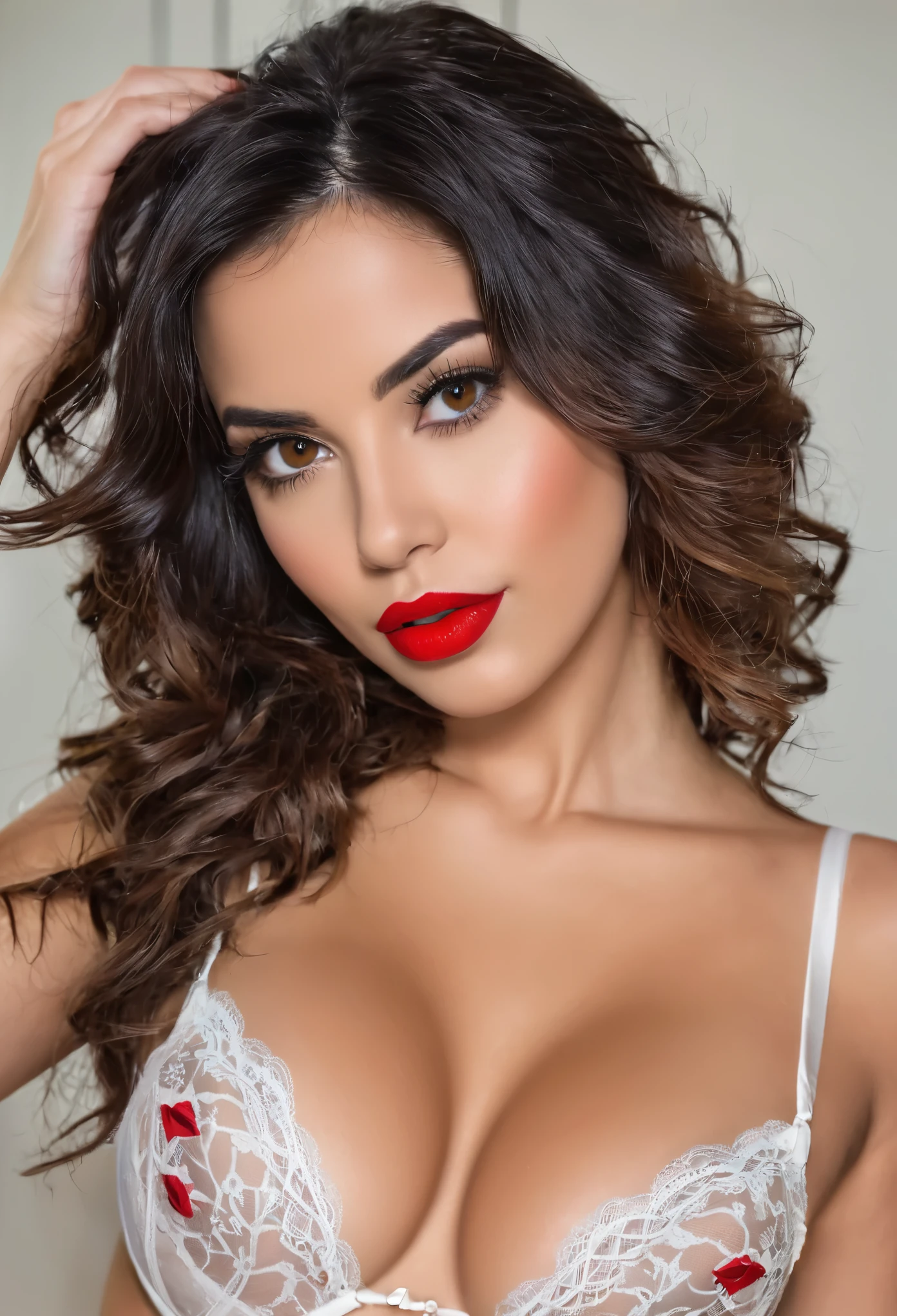 (alta qualidade) 1 , cabelo cacheado, lingerie, sentada, corpo sexy, olhos castanhos, Red lip 