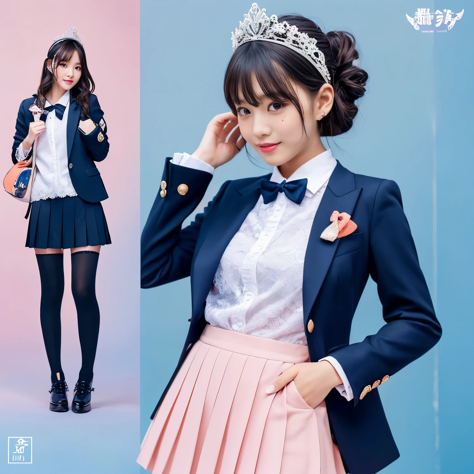 (hire.repair:1.5),(super detailed:1.95),(8k) 
BREAK
(very well-groomed face:1.3). (fine eyes:1.3), (solo shot:1.8) ,(Skinny:1.6), (huge breasts:1.2) 
BREAK (coral pink and sky blue theme:1.5) (With a cute design that transforms school uniforms into idol style:1.5), (Add volume and layers of tulle and lace to the skirt:1.7), (Featuring a (brightly colored tailored blazer:1.2) with a cinched waist:1.3), (Accentuate with colorful badges, large ribbons, and sparkly accessories), (Head accessories include a sparkling hair clip and tiara:1.7), This outfit is complemented by custom shoes adorned with sparkles and unique designs, embodying a pop girly aesthetic that's playful yet stylish.

