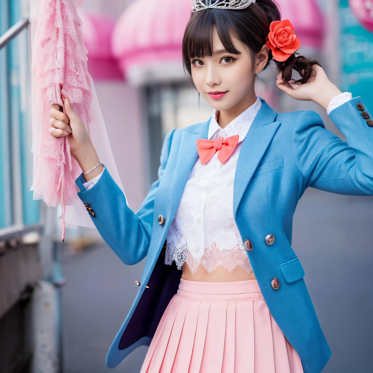 (hire.repair:1.5),(super detailed:1.95),(8k) 
BREAK
(very well-groomed face:1.3). (fine eyes:1.3), (solo shot:1.8) ,(Skinny:1.6), (huge breasts:1.2) 
BREAK (coral pink and sky blue theme:1.5) (With a cute design that transforms school uniforms into idol style:1.5), (Add volume and layers of tulle and lace to the skirt:1.7), (Featuring a (brightly colored tailored blazer:1.2) with a cinched waist:1.3), (Accentuate with colorful badges, large ribbons, and sparkly accessories), (Head accessories include a sparkling hair clip and tiara:1.7), This outfit is complemented by custom shoes adorned with sparkles and unique designs, embodying a pop girly aesthetic that's playful yet stylish.

