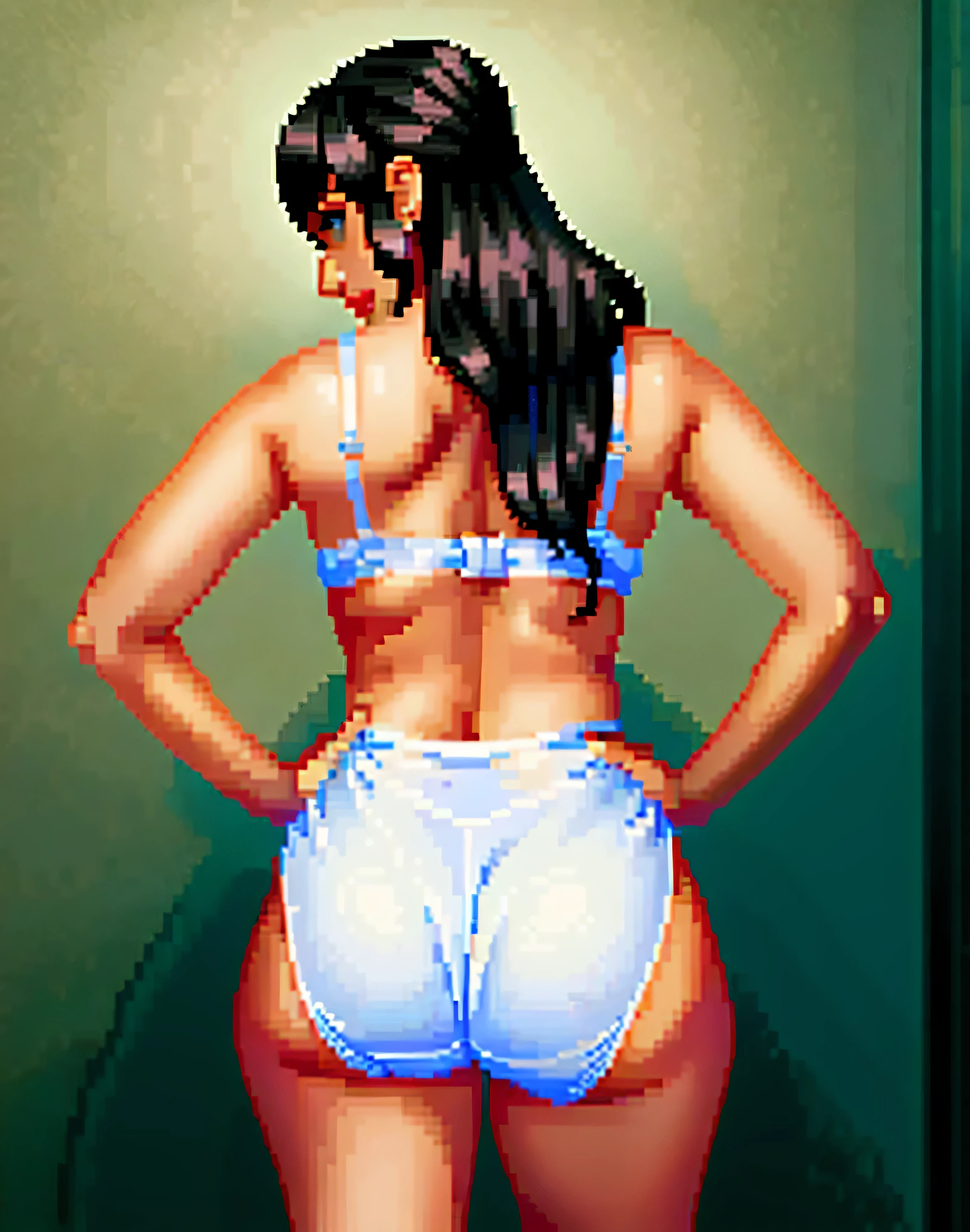 ((((masterpiece, best quality)))), ((33 year old)), (((Curvy))), ((Latina with long black hair)), in ((white bra)), ((white fullback panties)), ((Red lipstick)), ((Standing in a bathroom)), (back facing the camera), (((pixel art, pixel, realistic art style)))