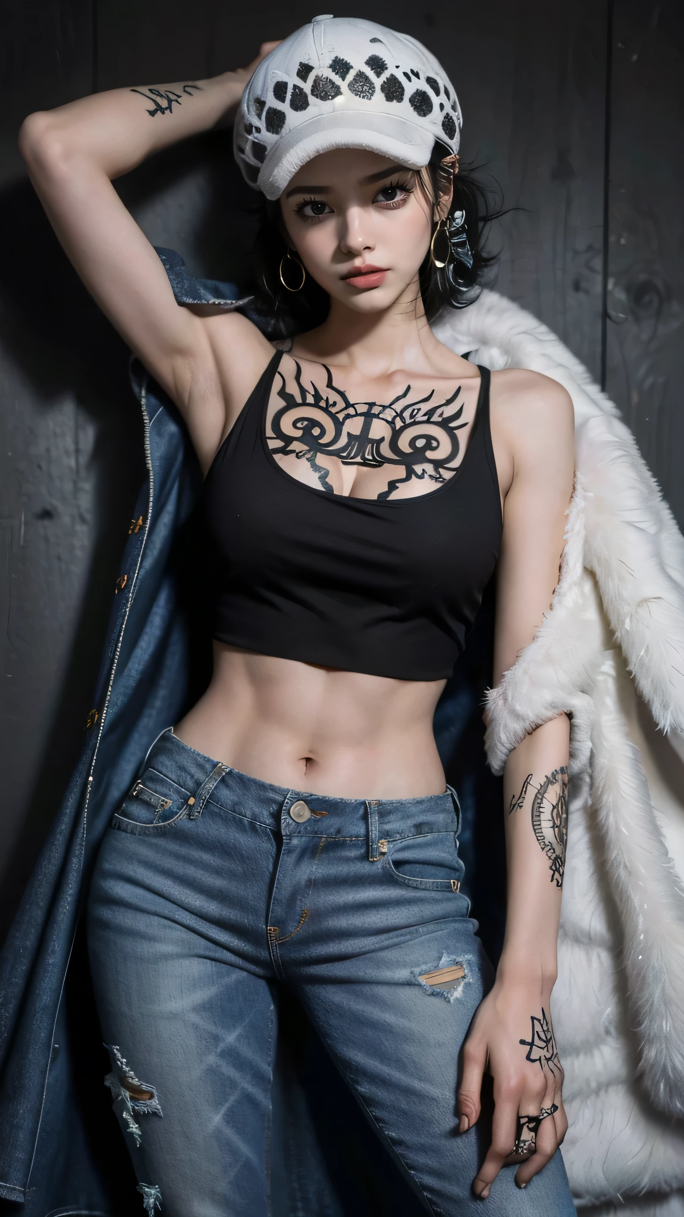 masterpiece, best quality, 8k,highestres, absurdres, extremely detailed, female trafalgar law, 1girl, 1sword, solo, looking at viewer, short hair, medium breasts, hat, navel, cleavage, collarbone, earrings, midriff, pants, coat, fur trim, denim, jeans, shoulder tattoo, hand tattoo, finger tattoo, black fur-trimmed coat, coat on shoulders, yellow tank top,///,