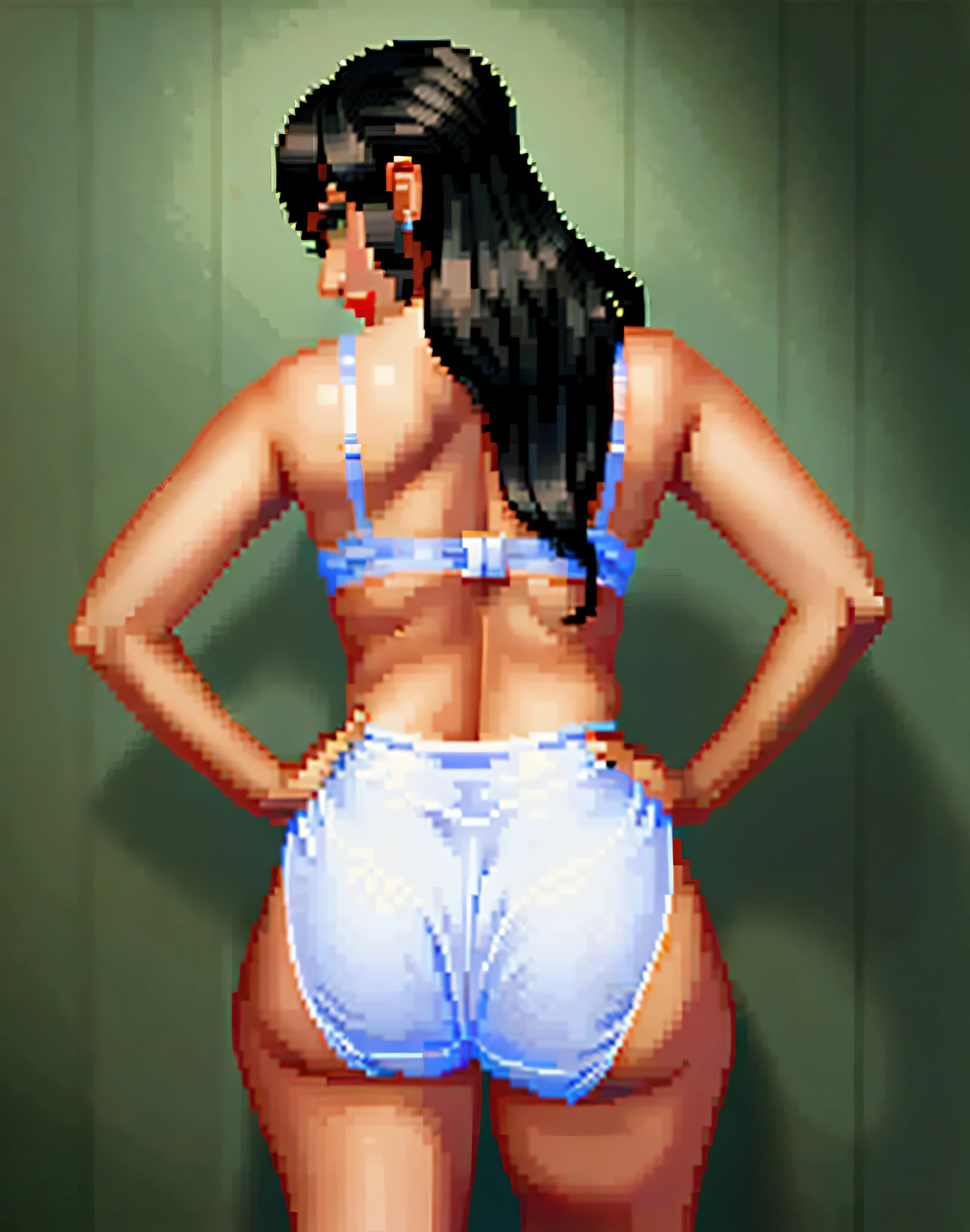 ((((masterpiece, best quality)))), ((33 year old)), (((Curvy))), ((Latina with long black hair)), in ((white bra)), ((white fullback panties)), ((Red lipstick)), ((Standing in a bathroom)), (back facing the camera), (((pixel art, pixel, realistic art style)))