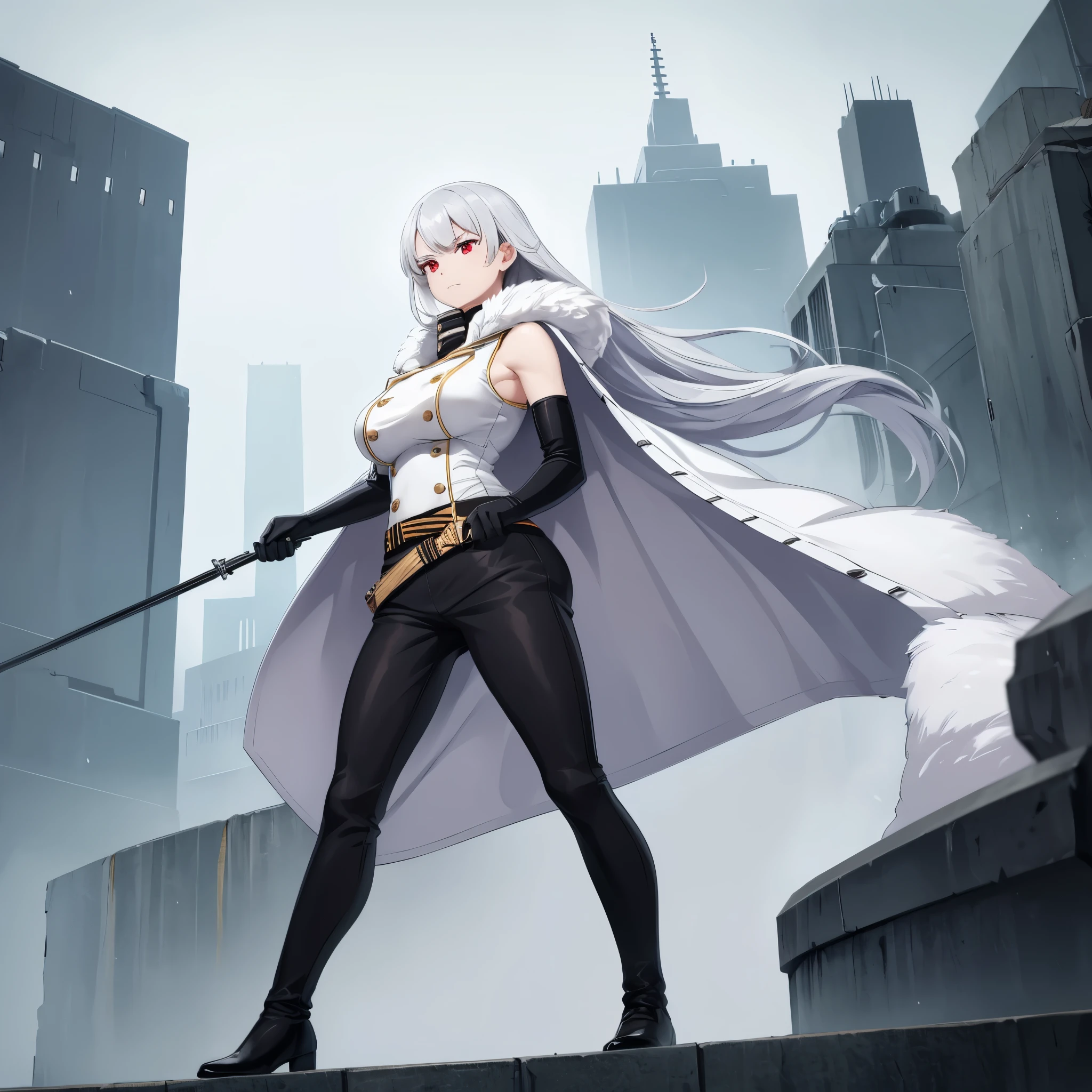 a woman with long silver hair, red eyes wearing black pants, military shoes, white sleeveless shirt, in the city of Moscow at daytime, serious face
