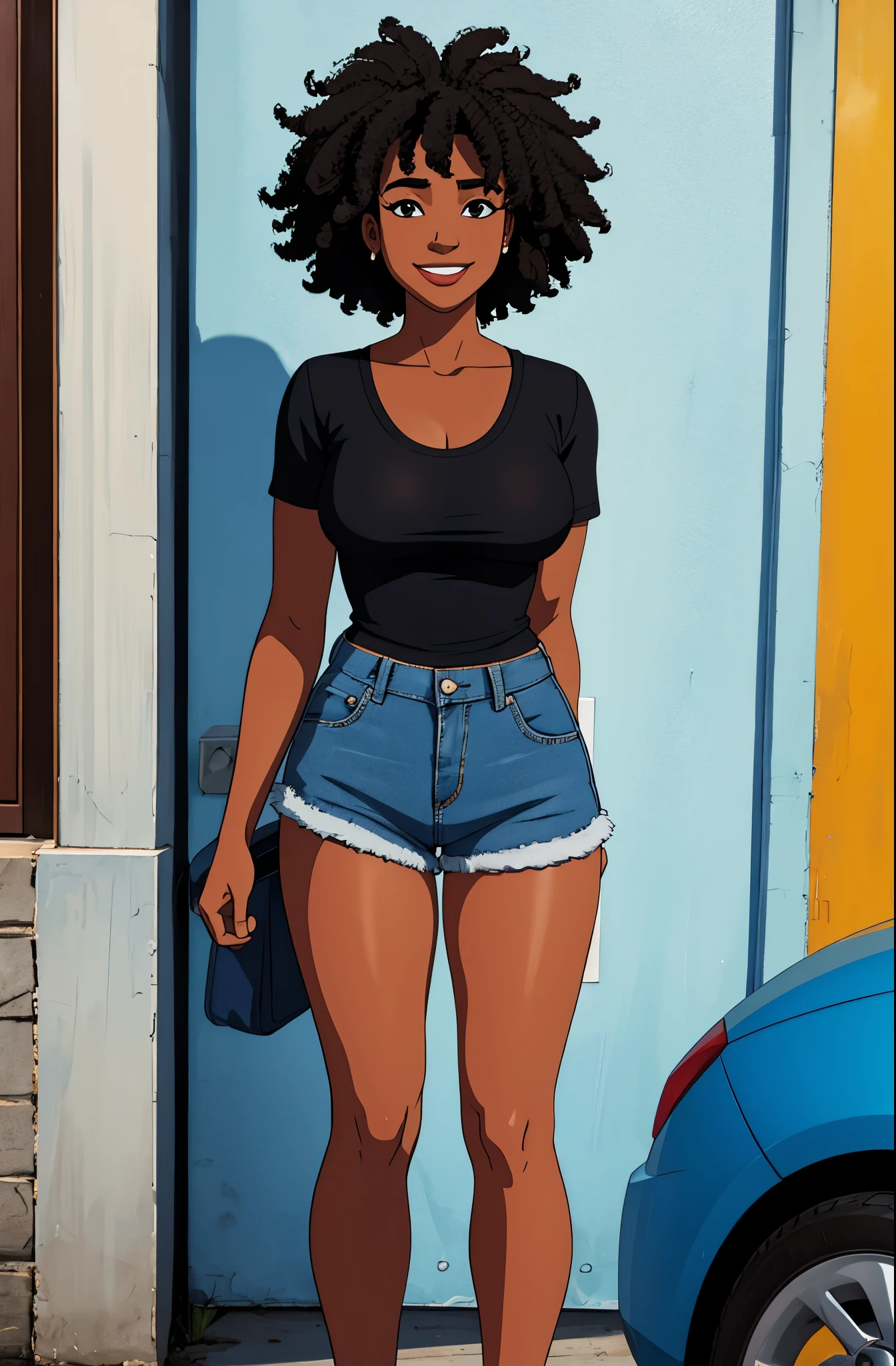 18 year old black girl, beautiful, curly hair, wearing blue denim shorts, white t-shirt, 8k resolution, standing smiling