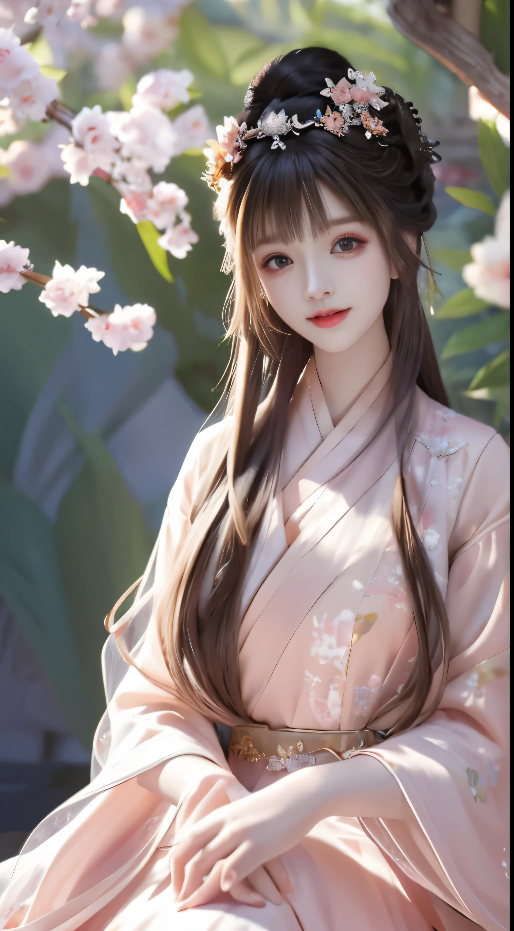 Superb Quality Masterpiece: The image showcases a beautifully depicted 1Girl with a captivating Blush and Charming Smile, boasting Star Eyes that sparkle brightly. She wears elegant Chinese Hanfu adorned with delicately designed Hair Accessories and dazzling Jewelry, adding to her alluring Beauty. The Tyndall Effect adds a touch of realism to the scene as she is portrayed on_body against the backdrop of a mesmerizing Peach Blossom Forest. The Two-tone Lighting is intricately balanced, providing a soft Light Edge and High Detail Skin. The image is captured in 8K UHD using