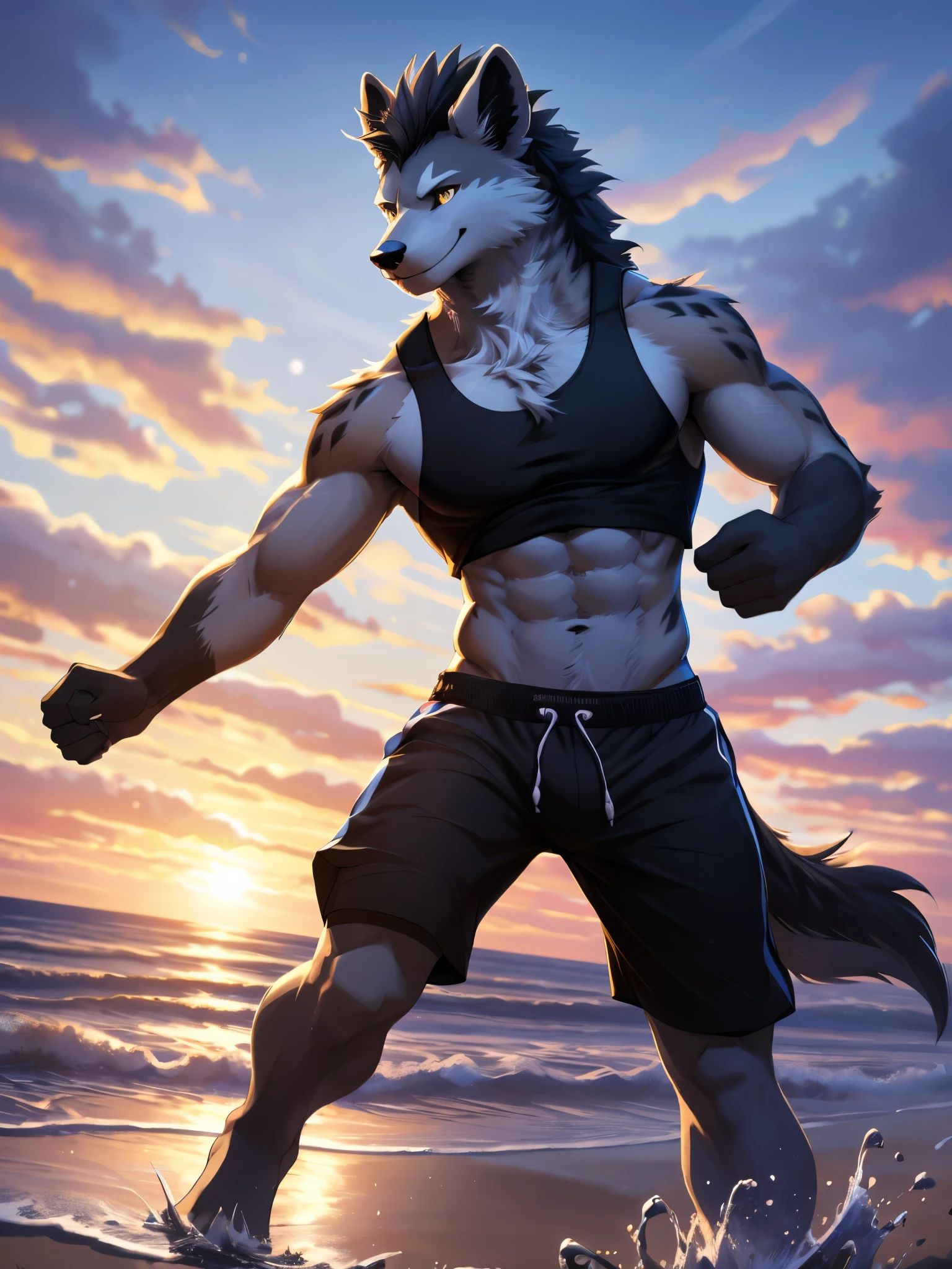 Anthro((dramatic))epic, dynamic pose, One scene of movie, An extreme perspective with a powerful composition, absurdres, Perfect Anatomy, male, furry, Hyena anthro, Mightyena, solo, Yellow eyes, (Ultra Realistic eyes details 1.2), beach, wearing tank top, wearing jogger sweatpants, Full body like, Slim body, abs, ultra detailed face, depth of field, motion blur, high details, high quality, award winning, HD, 16k, (best quality,4k,8k,highres,masterpiece:1.2),ultra-detailed,realistic:1.37,HDR,UHD,studio lighting,extreme detail description,professional,vivid colors,bokeh,lively atmosphere, natural lighting, smile, Looking at camera