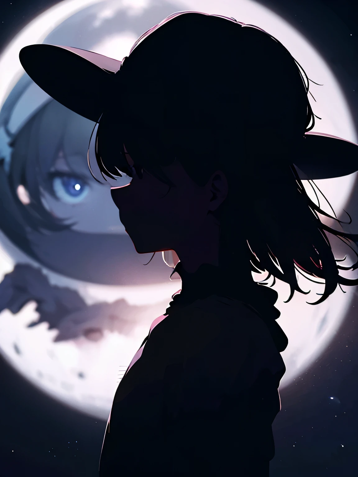 1girl, girl silhouette, long black hair, black fedora hat, moon background, intimidating, dark, close up portrait, side view, standing position