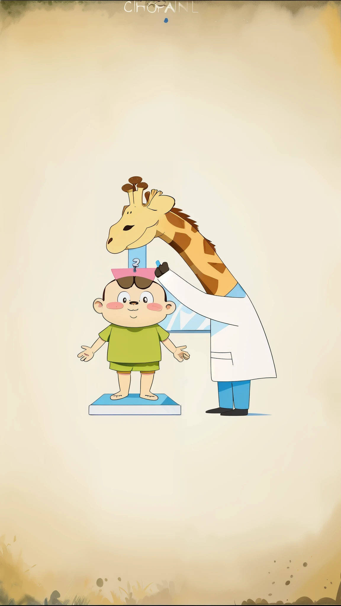 Cartoon character standing on weighing scale,There's a giraffe overhead, childrenbook illustration, author:Christopher Jefarovich, childrenillustration, children\illustration, childrens illustration, The neck is not long, Children's book illustrations, children’s book illustration, children's book illustration, children book illustration, children illustration, medical illustration, long neck