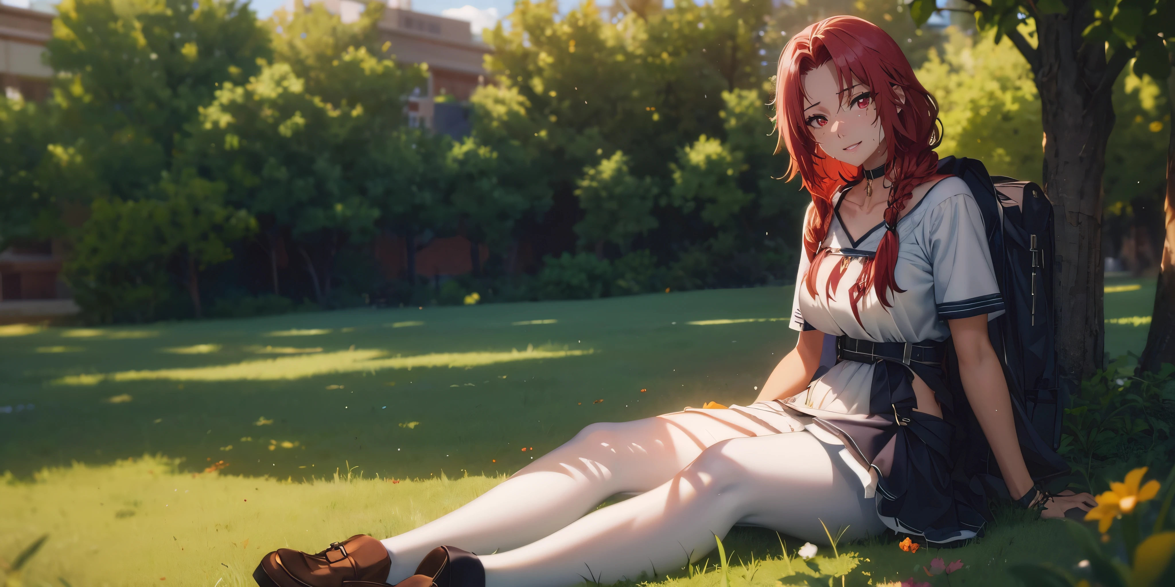 red hair, long hair, braid, red eyes, huge breasts, anatomically correct, sweating, choker, 1girl, sitting,  dress,  white_dress, solo, outdoors, grass, tree, white_legwear, breasts, shoes, short_sleeves, looking_at_viewer, loafers, day, brown_footwear, on_grass, pantyhose, collarbone, nature, medium_breasts, full_body, glow effects, godrays, Hand drawn, render, 8k, octane render, cinema 4d, blender, dark, atmospheric 4k ultra detailed, cinematic, Sharp focus, big depth of field, Masterpiece, colors, 3d octane render, 4k, concept art, trending on artstation, hyperrealistic, Vivid colors, extremely detailed CG unity 8k wallpaper, trending on CGSociety, Intricate, High Detail, dramatic"", hollow eyes, facing viewer, seductive smile, lips, red eyes, sweating, wet, looking at viewer,
