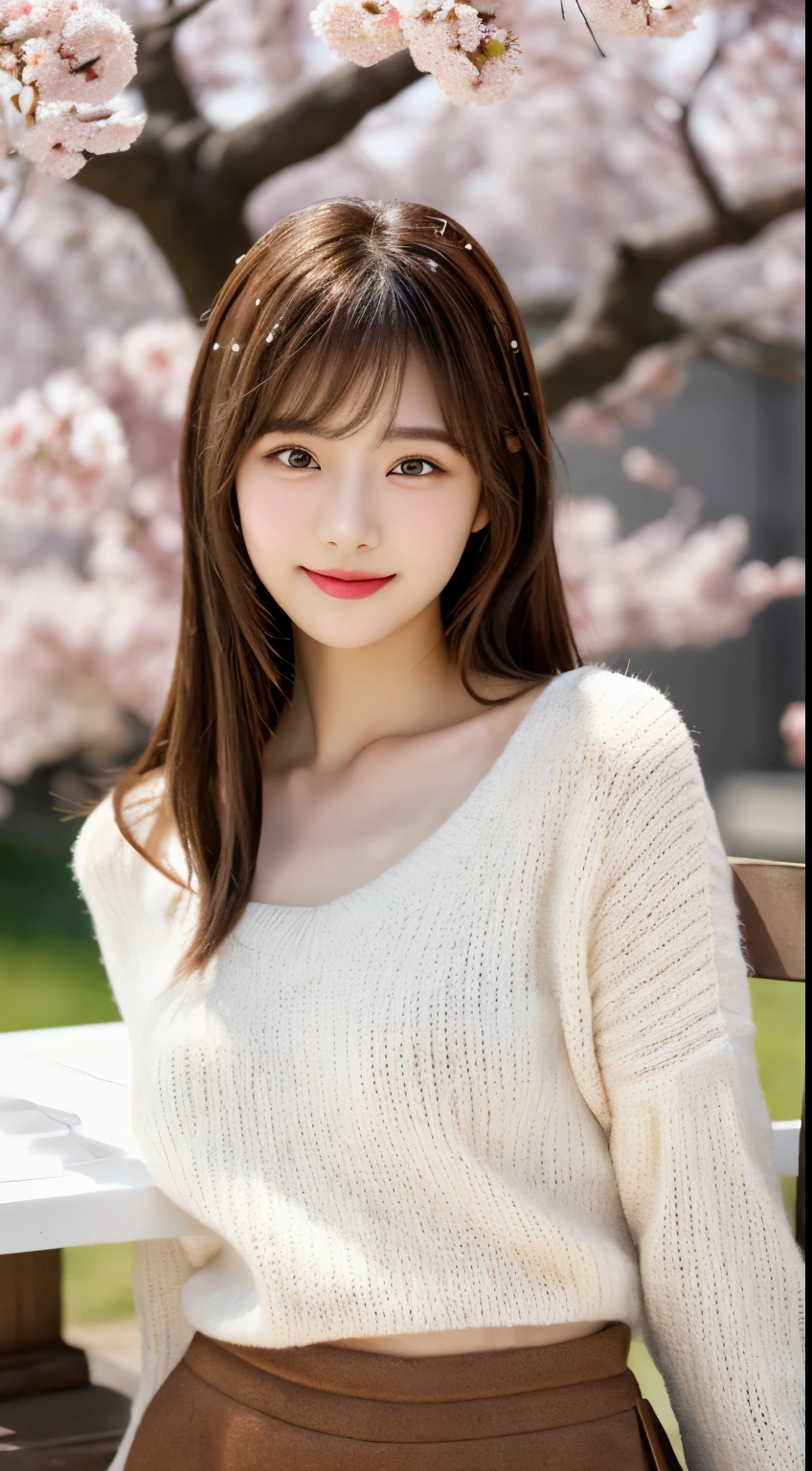 ulzzang-6500-v1.1,(Masterpiece, BestQuality:1.3),(table top:1.3), High resolution, super detailed, very detailed,8k wallpaper, realistic, Photoreal, RAW photo, BREAK Solo、japanese women, 20-year-old、High class,beautiful face,cute, beautiful and detailed face, Open your mouth slightly and smile, detailed eye description, white skin, realistic glitter skin, (brown hair、long hair,detailed hair texture, With bangs),Light makeup, looking at camera,medium breasts, acura, anatomically correct, very detailed顔と肌の質感, natural neck length, knit sweater、fine cloth texture,mini skirt、Cherry blossom trees,Harajuku