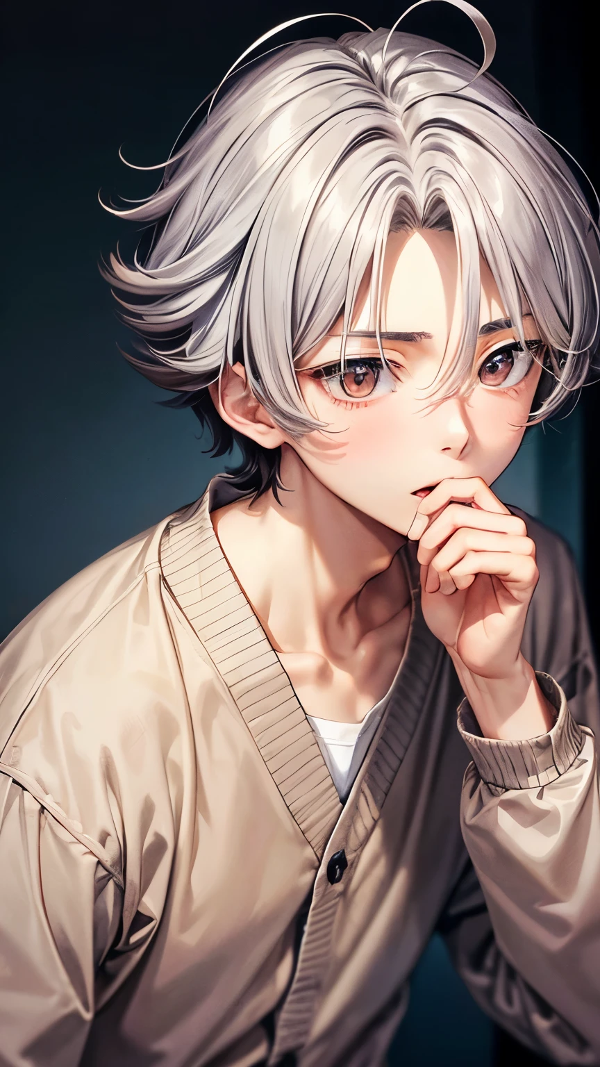 A Japanese innocent boy (( boy’s body, slender)),((put his hands on his mouth )), bluish gray extra very short hair(( voluminous hair ))(( much shaggy forelock:1.3)),((taper cut )), long sleeves shirts ((pale autumn maple pattern )),cardigan ((pale pink, beige color )) , sparkly orange big round droopy eyes, blush and passionate smile, fearless atmosphere, neatly posing(( open his mouth)), (( face focus)),best quality
