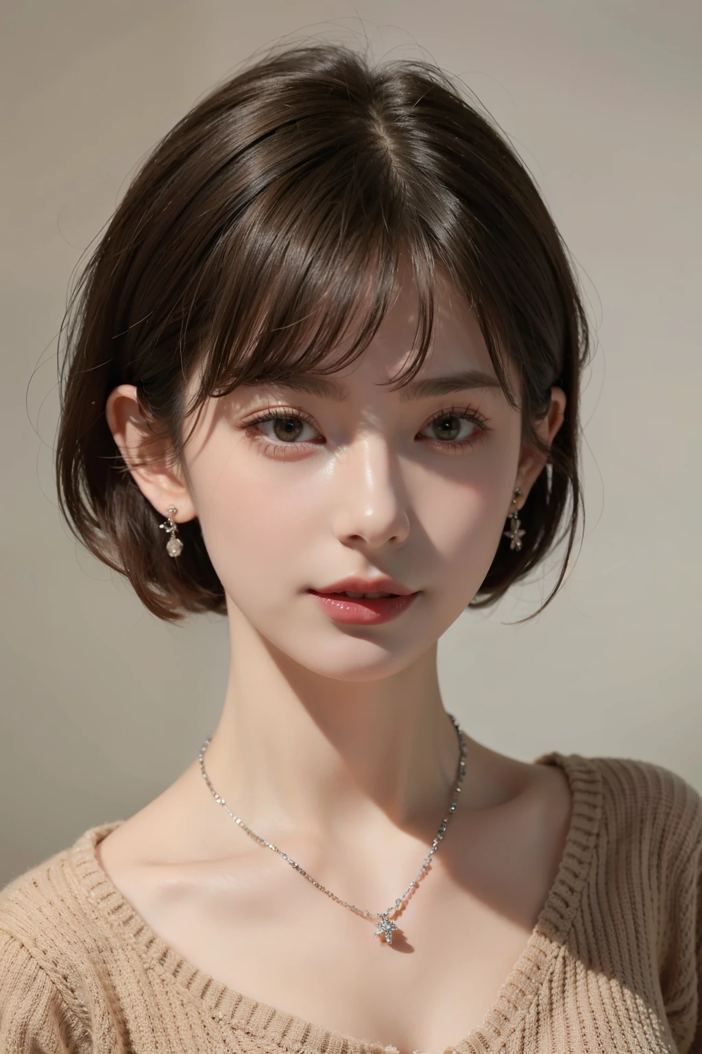 Close-up photo of a girl、short hair、black hair、highest quality、realistic、Photoreal、(intricate details:1.2)、(delicate details)、clear line、sharp focus、Bordeaux-colored eyes、lifelike face、Detailed face uniform 8k wallpaper、超A high resolution、(Photoreal:1.4)、Upper body、from the chest up、white high neck sweater、simple necklace、simple earrings、looking at the viewer、facing forward、