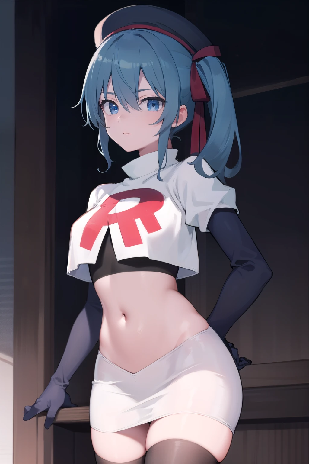 hoshimachisuisei, suisei hoshimachi, blue eyes, blue hair, hair between eyes, medium hair, side ponytail,
BREAK  beret, crown, gloves, grey headwear, hat, jacket, jewelry, team rocket,team rocket uniform, red letter R, white skirt,white crop top,black thigh-highs ,black elbow gloves
BREAK looking at viewer,
BREAK (masterpiece:1.2), best quality, high resolution, unity 8k wallpaper, (illustration:0.8), (beautiful detailed eyes:1.6), extremely detailed face, perfect lighting, extremely detailed CG, (perfect hands, perfect anatomy),