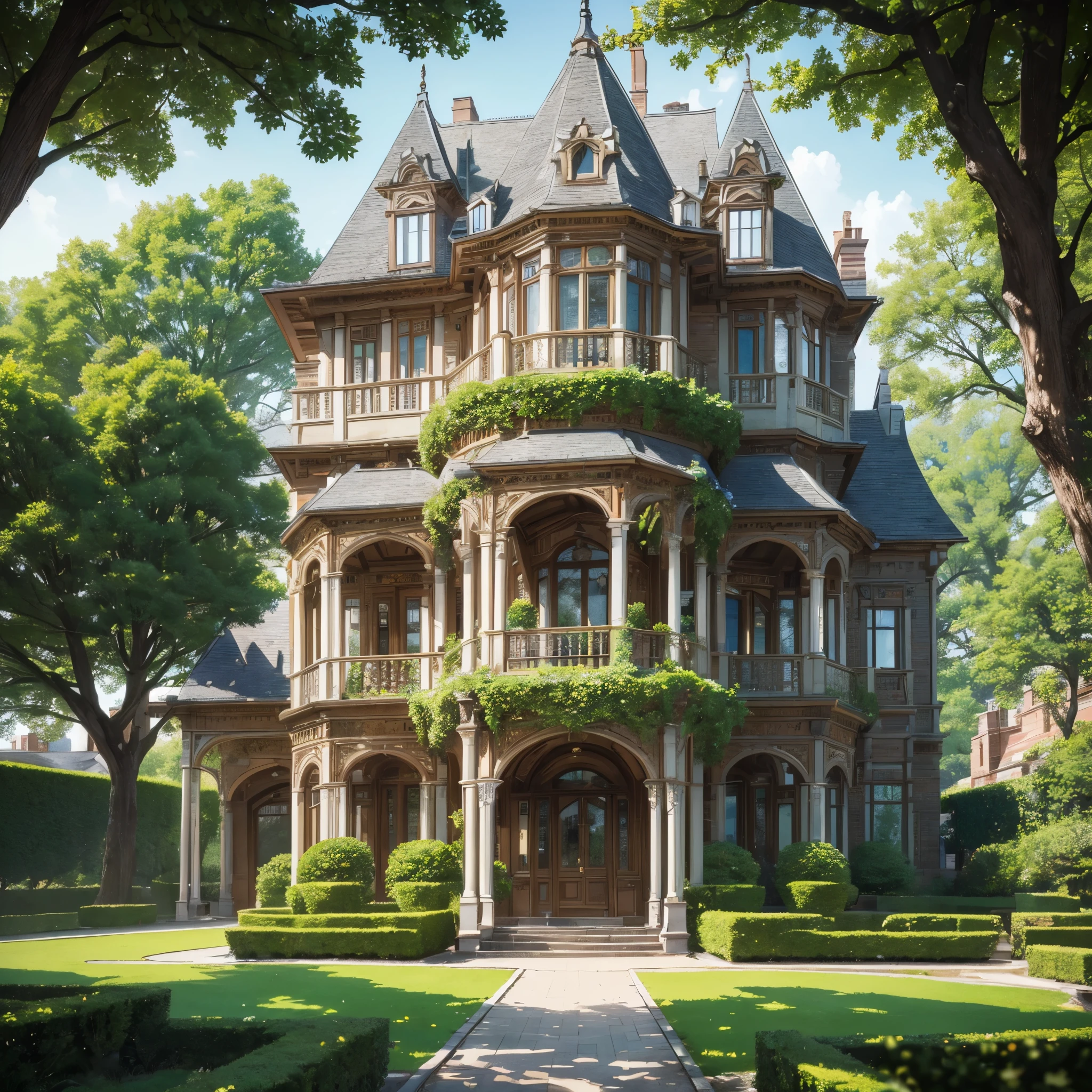 (best quality: 1.37, highres: 1.37, ultra-detailed: 1.37, realistic: 1.37), especially detailed and realistic, depicting a four-story English-style mansion, built with dark, luxurious materials. The mansion is surrounded by a vast, lush, and meticulously maintained garden. The mansion's architectural details are impressively elaborate: intricately carved windows, ornate woodwork, and a stately slate roof. The garden displays vibrant flower beds, neatly trimmed bushes, and a collection of majestic trees, each with its distinct characteristics. The path leading to the m