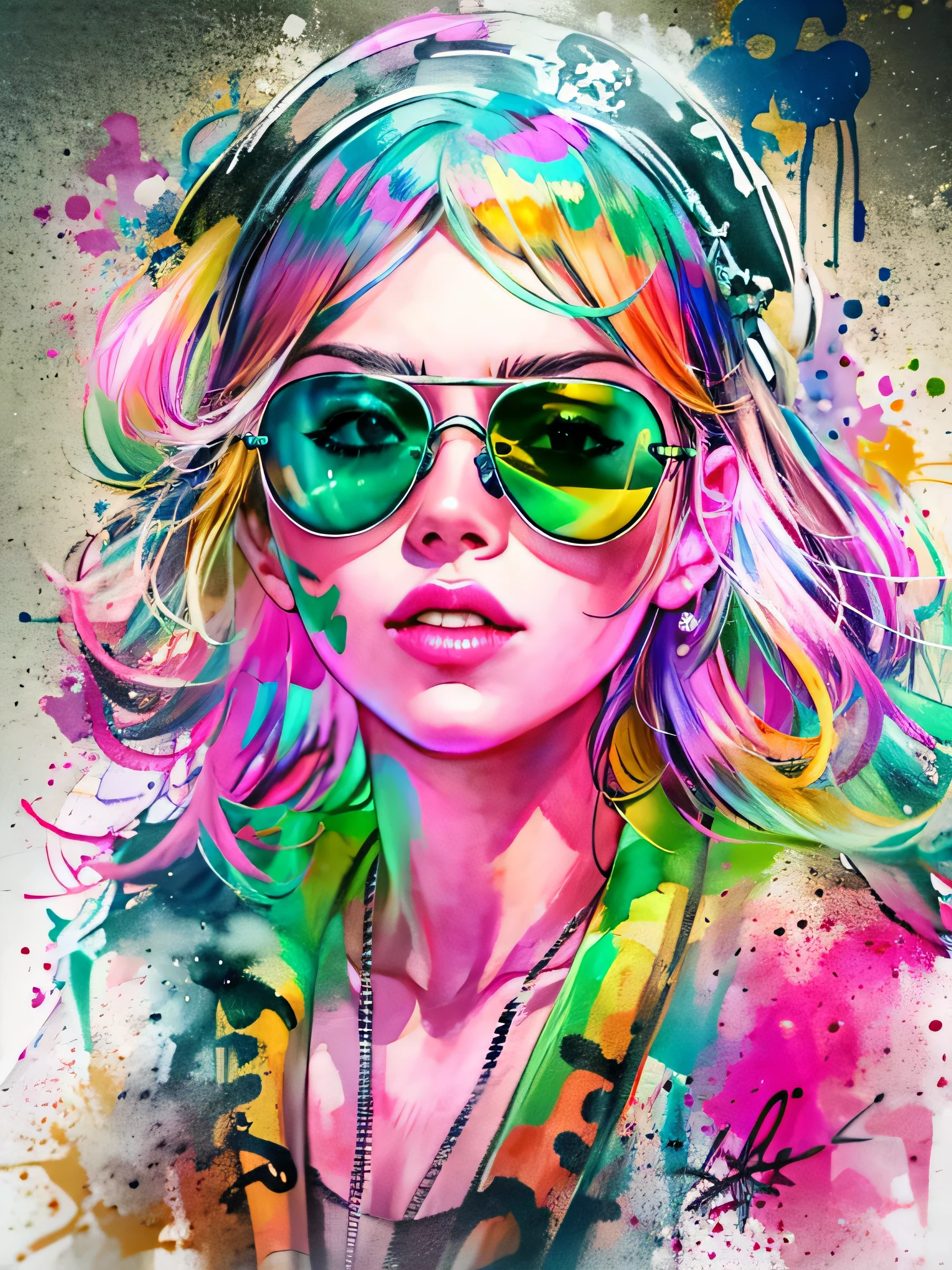 watercolor painting, 8K resolution、((highest quality))、((masterpiece))、((Super detailed))、1 female、alone、incredibly absurd、 (((The most beautiful pirate girl of all time))), (((Stylish sunglasses))), lips in love, white skin, pirate hat, skull fashion, neon、short cut hair、small breasts, (((graffiti art))), colorful hair, provocative