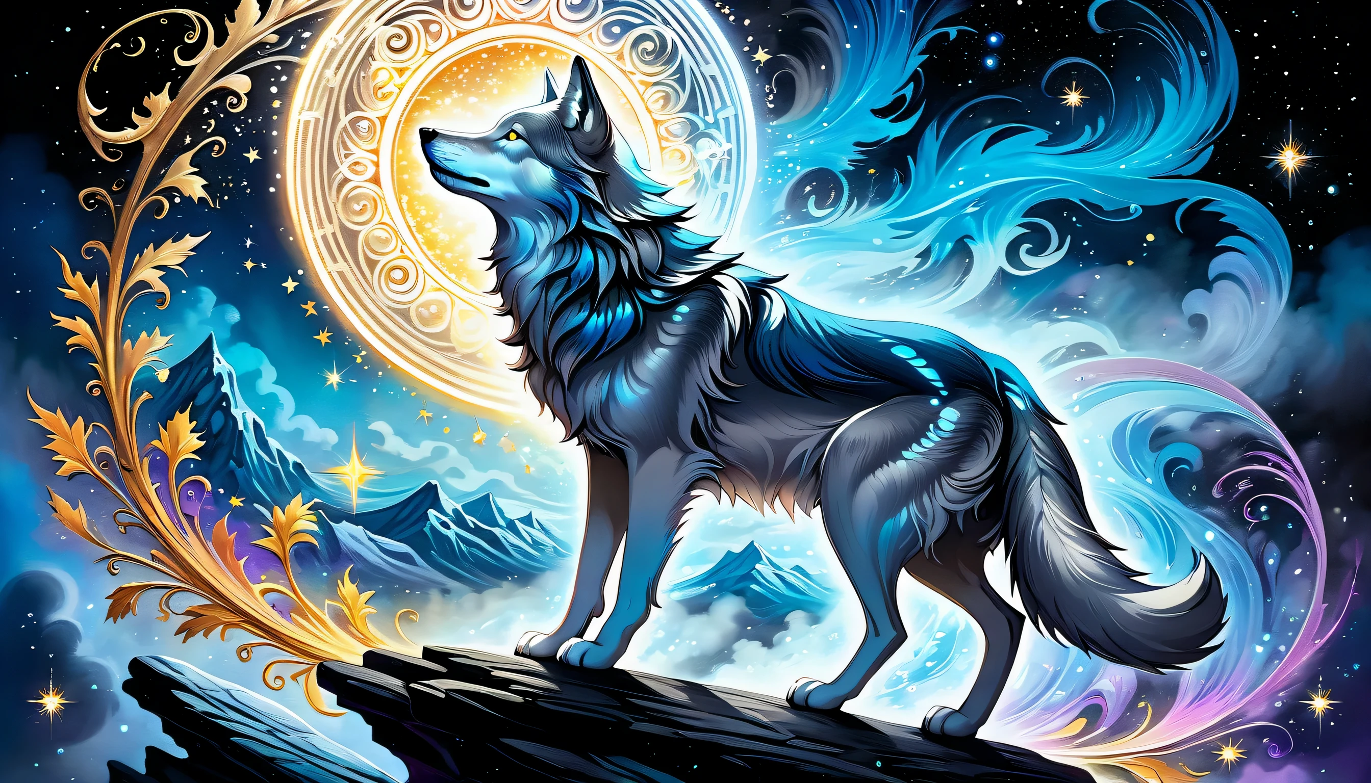 elaborate majestic aura gray-wolf with magic circle illustration, profile like oil-painting, extreme fine detail brush work, intricate detail psychedelic graffiti like, solo cat is seasoned and fearless, slender stunning fine detailed bold, falling star with neuron mist, highest quality, best quality, distinctly contrast, conscientious of draw and painting, beautiful detail glow, 16k, precision like draw, minuteness painting, wide shot, night fantasy style, captured, breathtaking glow skill and precision contrast, highly quality oil painting, stunning beautiful touch rendering, transparent dark fantasy accent, use eternal tone color palette, floating around eternal fantasy like smoke, violently brush work with mingle,