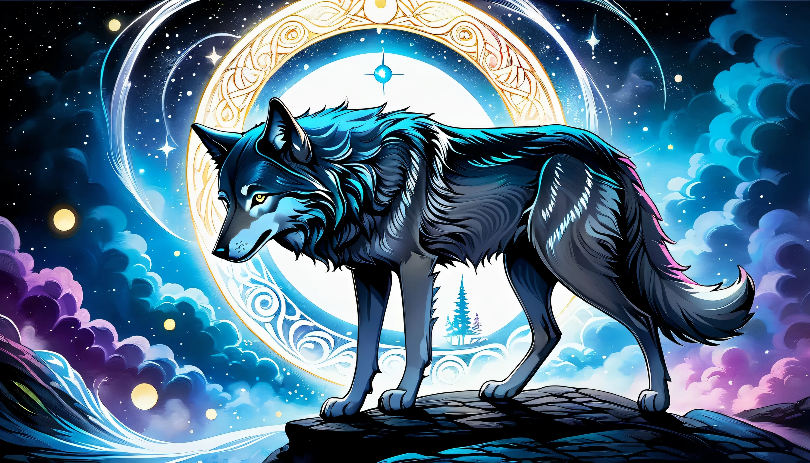elaborate majestic aura gray-wolf with magic circle illustration, profile like oil-painting, extreme fine detail brush work, intricate detail psychedelic graffiti like, solo cat is seasoned and fearless, slender stunning fine detailed bold, falling star with neuron mist, highest quality, best quality, distinctly contrast, conscientious of draw and painting, beautiful detail glow, 16k, precision like draw, minuteness painting, wide shot, night fantasy style, captured, breathtaking glow skill and precision contrast, highly quality oil painting, stunning beautiful touch rendering,  dark fantasy accent, use eternal tone color palette, floating around eternal fantasy like smoke, violently brush work with mingle,