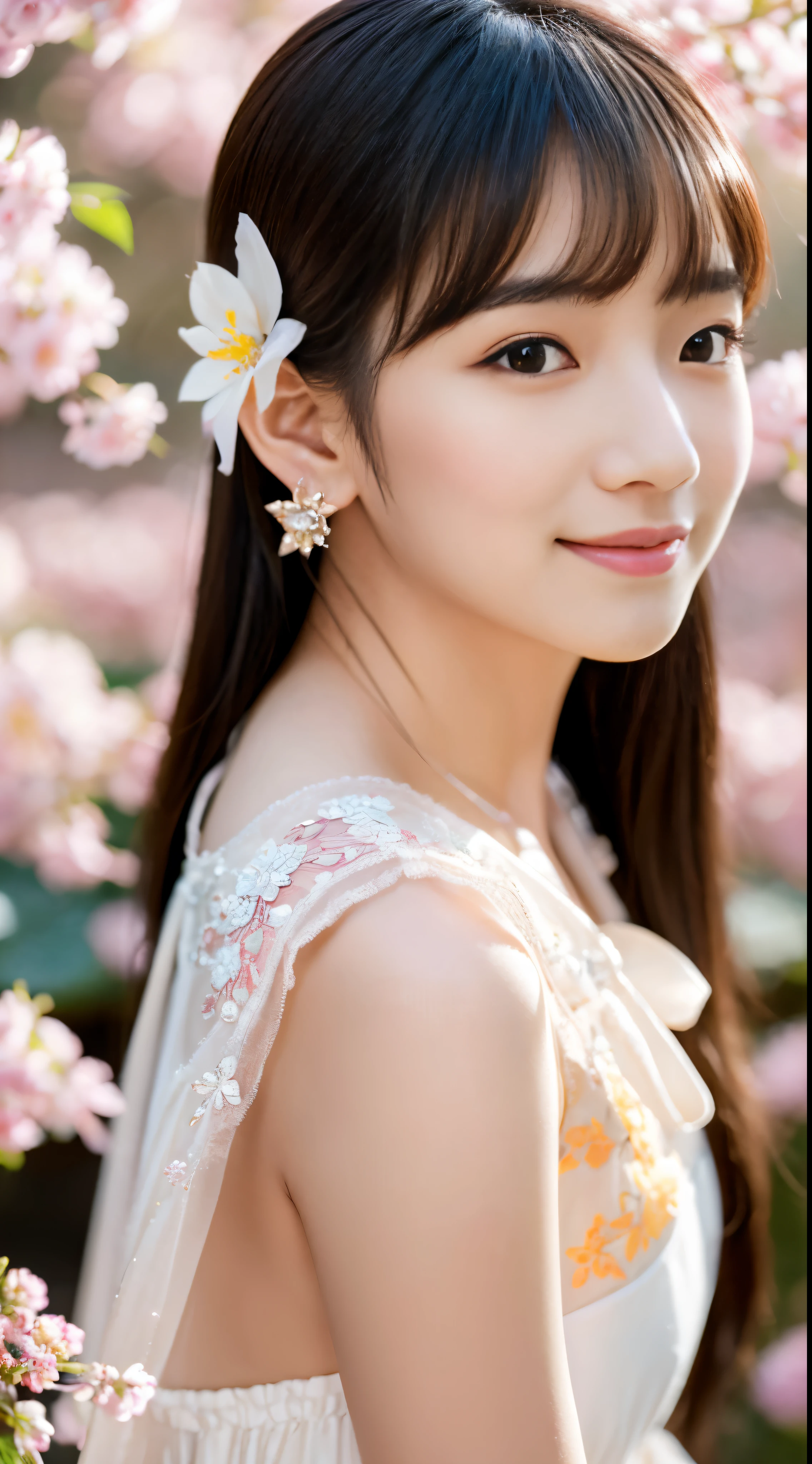 Superb Quality Masterpiece: The image showcases a beautifully depicted 1Girl with a captivating Blush and Charming Smile, boasting Star Eyes that sparkle brightly. She wears elegant Chinese Hanfu adorned with delicately designed Hair Accessories and dazzling Jewelry, adding to her alluring Beauty. The Tyndall Effect adds a touch of realism to the scene as she is portrayed on_body against the backdrop of a mesmerizing Peach Blossom Forest. The Two-tone Lighting is intricately balanced, providing a soft Light Edge and High Detail Skin. The image is captured in 8K UHD using