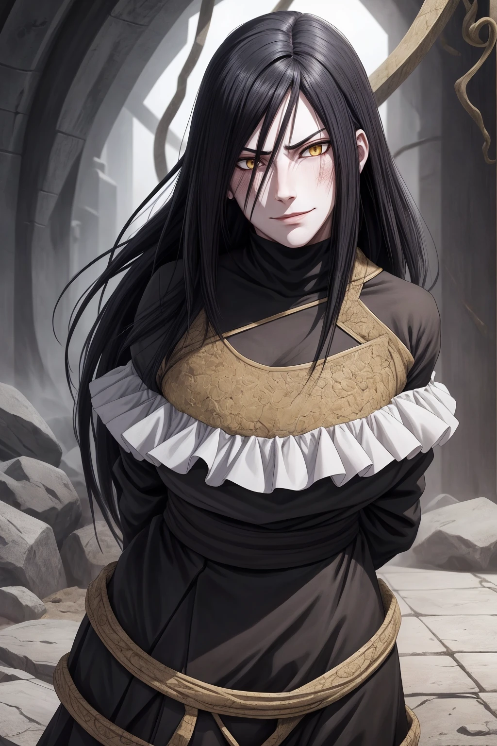 {-erro_de_anatomia:1.0} estilo anime, Masterpiece, absurdities, Orochimaru\(Naruto\), 1girl Solo, Mature woman, Oversized shirt with broad shoulders, Perfect composition, Detailed lips, large breasts, Beautiful face, body proportion, Blush, Long black hair, ( black hair), yellow eyes, Soft gauze, Super realistic, Detailed, photo shoot, Realistic faces and bodies, masterpiece, best quality, bes, hyper detailed, 1 girl, solo, glamorous, blushing, upper body, backwards, looking back