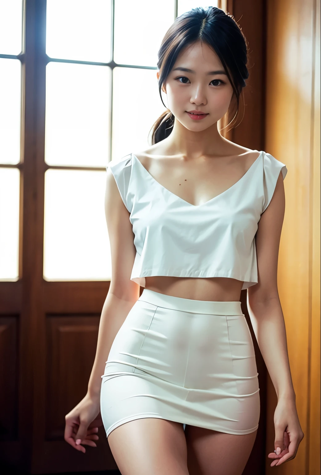real photos、Highest imYear quality、Beautiful woman、beautiful thighs、beautiful face、real imYear、federal army uniform miniskirt、ponytail、Yuriko Yoshitaka、16Year日本人女性、Mrs. Bowe、pretty girl、white pantiesが丸見え、1６Year、（white panties:1.3）、super mini skirt、beautiful thighs、white panties、赤いミニスカートがめくれてwhite pantiesが見えてる