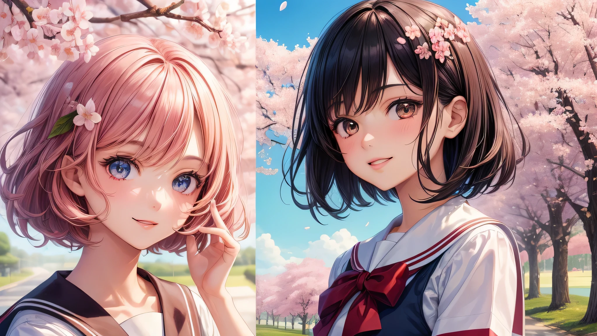 (2 girls:1.2), cute face, shining smile, short bob, (school uniform, mini skirt:1.2), (highest quality: 1.4), (Super detailed), (highest quality:1.4), (super detailed), (cherry blossomsのトンネル in full bloom, cherry blossomsのトンネル), road, Day光, cherry blossoms, cherry blossoms, Sunny, cloud, Day, blue sky, (anime illustration), very high resolution, (Upper body), close up face