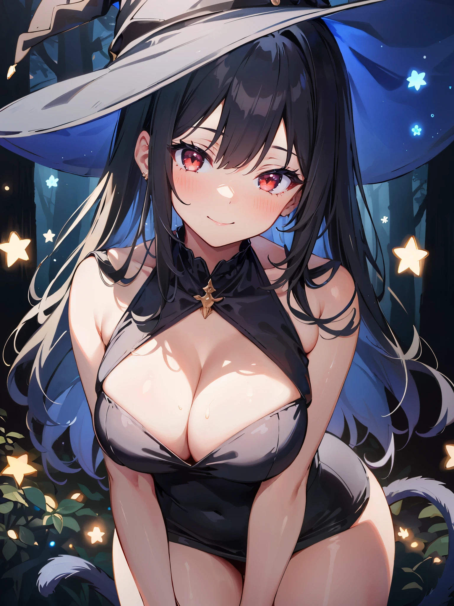 high quality, ultra detailed, best quality, insanely detailed, beautiful, masterpiece, 1girl, solo, illustration, night forest, particle lights, cowboy shot, looking at viewer, red eyes, long hair, bangs, black hair, witch, witch hat, bodycon dress, cat tail, large breasts, cleavage, thighs, closed mouth, smile, blush