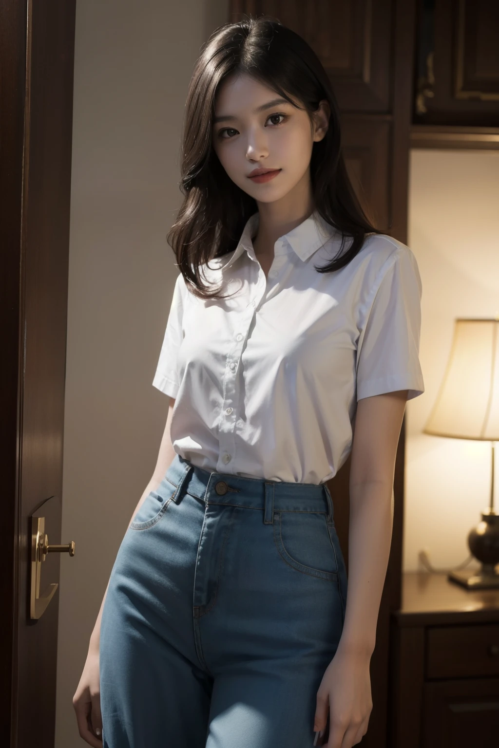 best quality, masterpiece, (photorealistic:1.4), 1girl, light smile, shirt with collars, waist up, dramatic lighting, from below