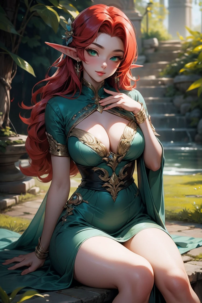 (Masterpiece - Ultra-Detailed, High Resolution) Prepare to be enchanted by a true masterpiece that combines ultra-detailed art with high-resolution rendering. This work shows a mesmerizing and sexy young elf with very large breasts and red hair. Green eyes, transparent dress, sitting on the gound. Get ready to dive into a world where beauty and craftsmanship merge perfectly.