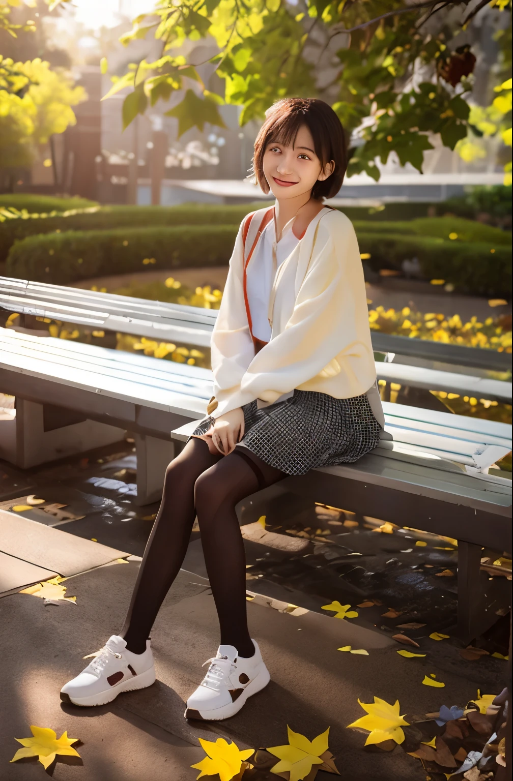 masterpiece, highest quality, super detailed, A neat and beautiful woman sitting on a park bench、knee length skirt、black tights、sneakers、refreshing smile、smiling showing teeth、full body photo、